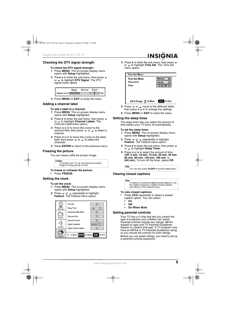 Checking the dtv signal strength, Adding a channel label, Freezing the picture | Setting the clock, Setting the sleep timer, Viewing closed captions, Setting parental controls, Ee “setting parental controls, See “setting the sleep timer, Viewing closed captions” on | Insignia NS-LCD32-09 User Manual | Page 11 / 40