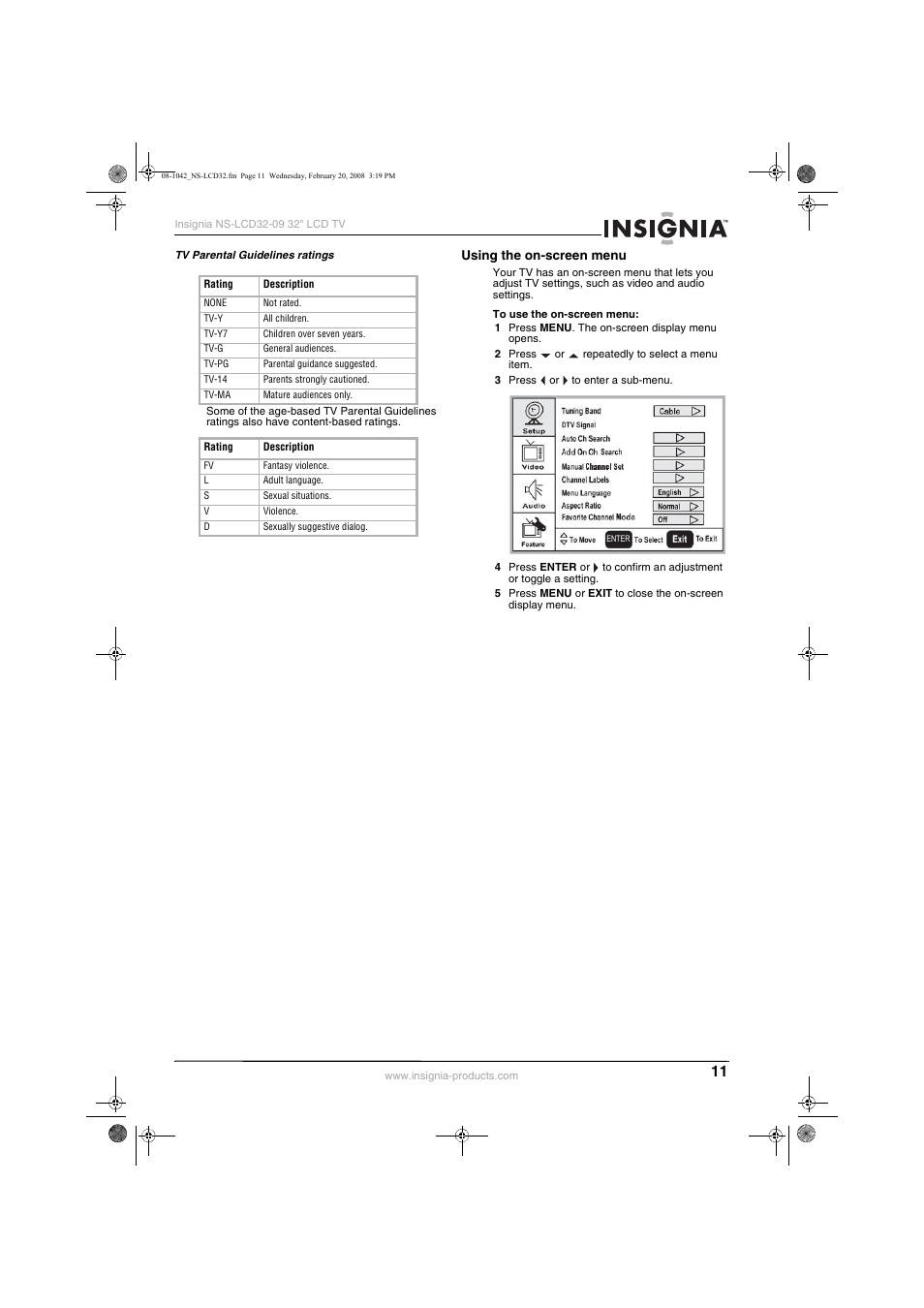 Using the on-screen menu | Insignia NS-LCD32-09 User Manual | Page 13 / 40