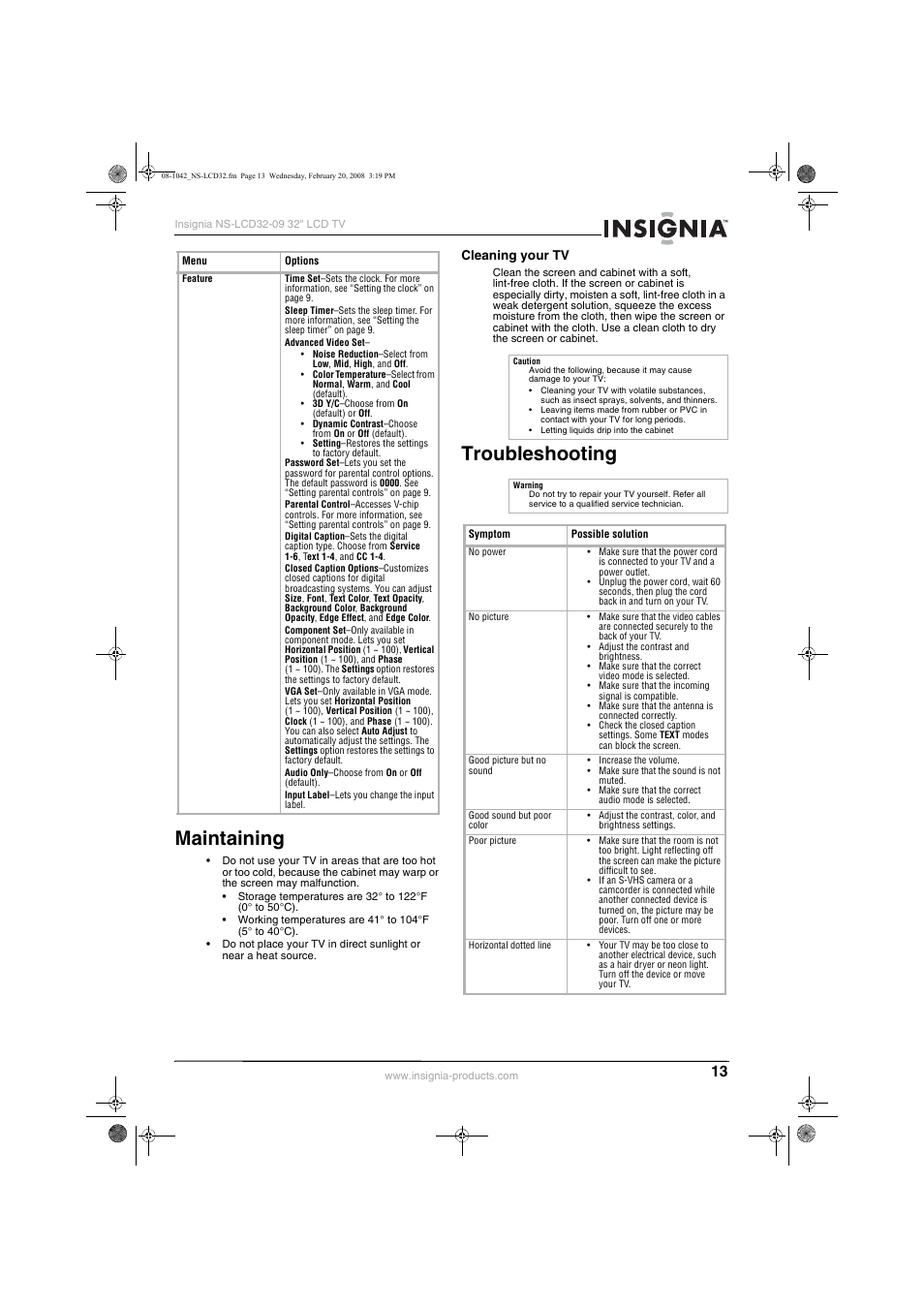 Maintaining, Cleaning your tv, Troubleshooting | Insignia NS-LCD32-09 User Manual | Page 15 / 40