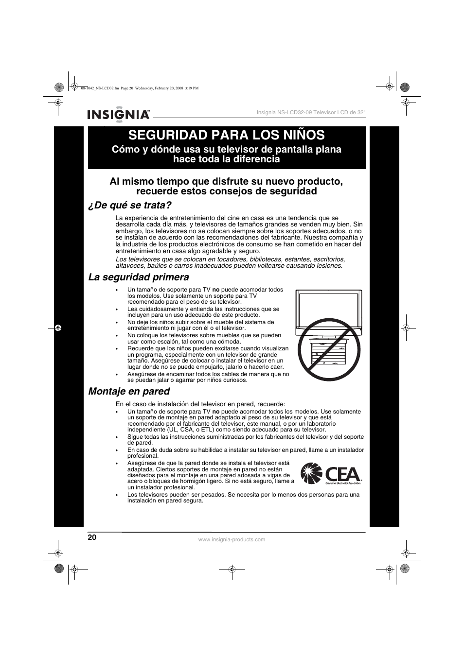 Seguridad para los niños, La seguridad primera, Montaje en pared | Insignia NS-LCD32-09 User Manual | Page 22 / 40