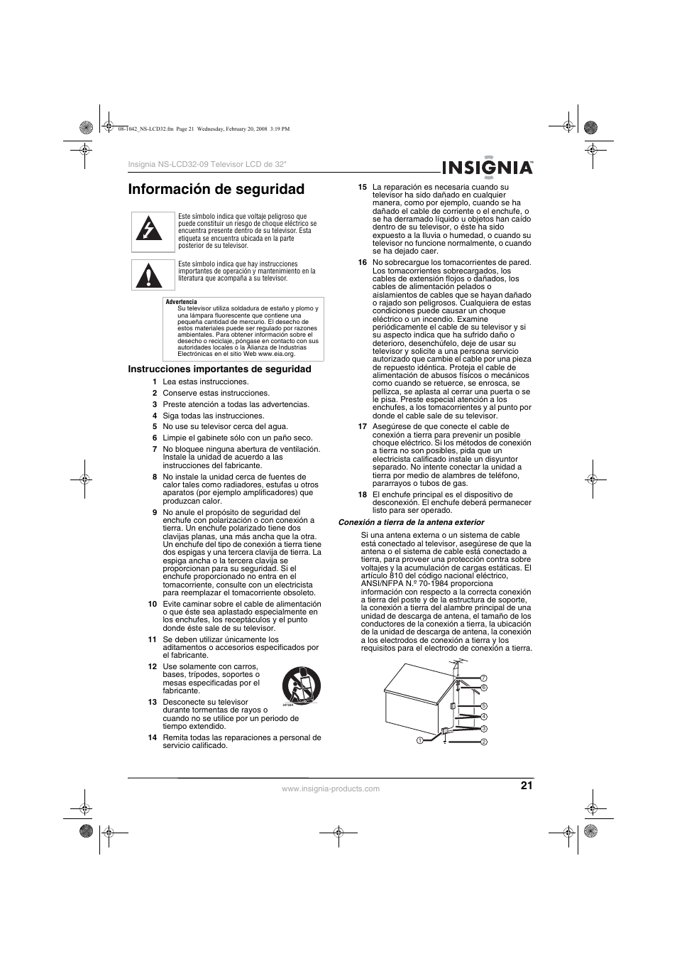 Información de seguridad, Instrucciones importantes de seguridad | Insignia NS-LCD32-09 User Manual | Page 23 / 40