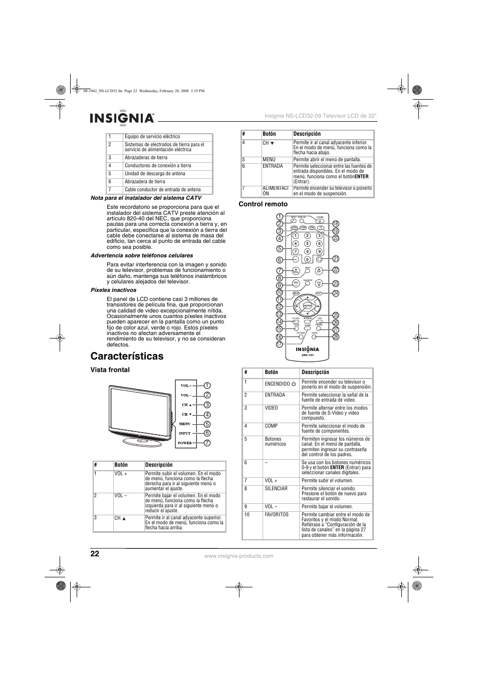 Características, Vista frontal, Control remoto | Vista frontal control remoto, Recall | Insignia NS-LCD32-09 User Manual | Page 24 / 40