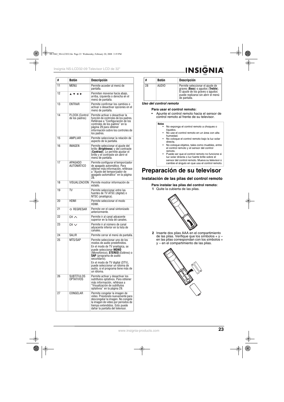 Preparación de su televisor, Instalación de las pilas del control remoto | Insignia NS-LCD32-09 User Manual | Page 25 / 40
