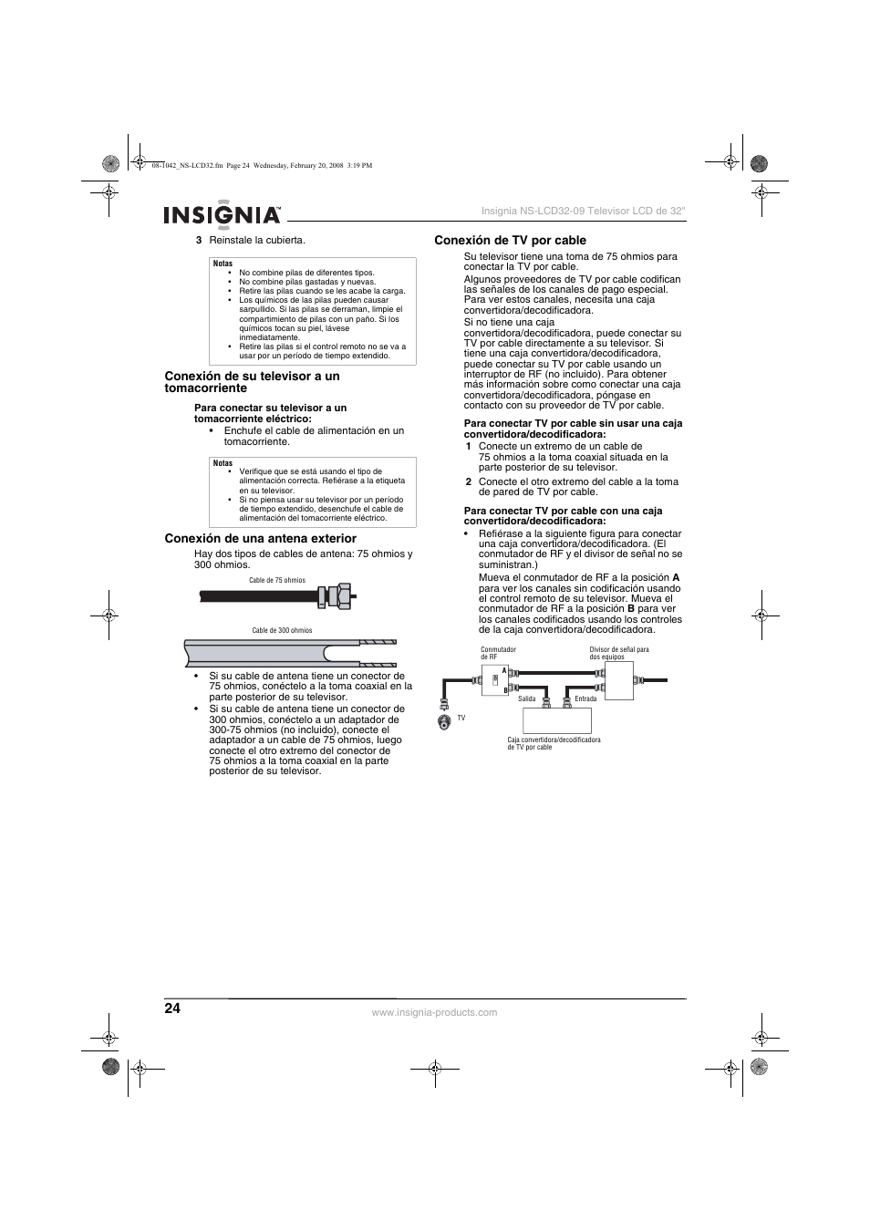 Conexión de su televisor a un tomacorriente, Conexión de una antena exterior, Conexión de tv por cable | Insignia NS-LCD32-09 User Manual | Page 26 / 40