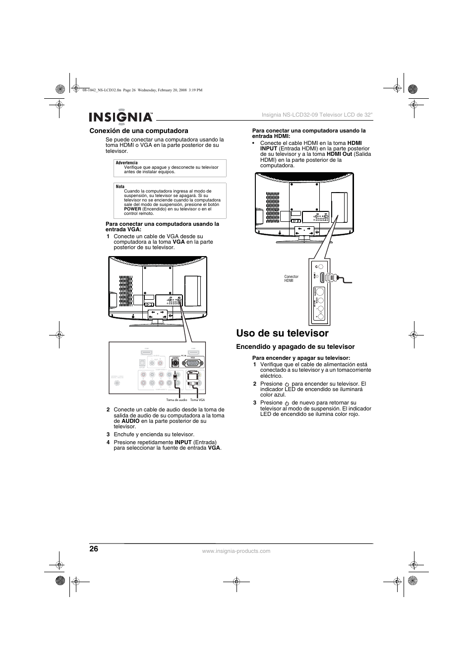 Conexión de una computadora, Uso de su televisor, Encendido y apagado de su televisor | Insignia NS-LCD32-09 User Manual | Page 28 / 40