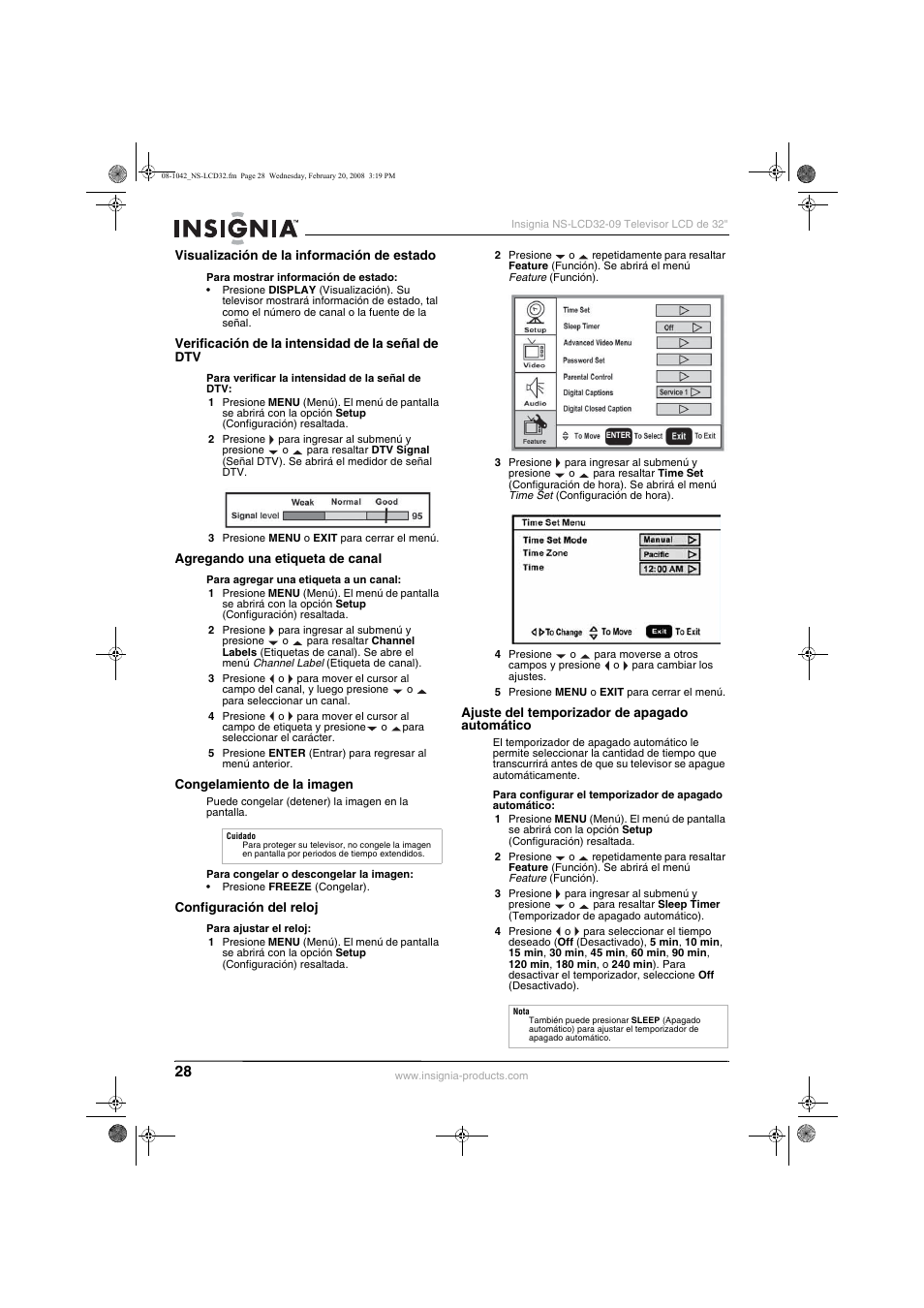 Visualización de la información de estado, Verificación de la intensidad de la señal de dtv, Agregando una etiqueta de canal | Congelamiento de la imagen, Configuración del reloj, Ajuste del temporizador de apagado automático, A “ajuste del temporizador de apagado automático | Insignia NS-LCD32-09 User Manual | Page 30 / 40