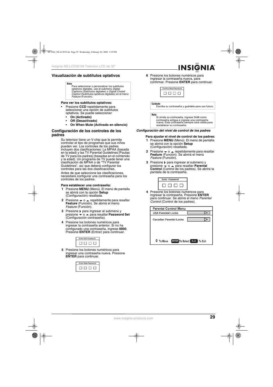 Visualización de subtítulos optativos, Configuración de los controles de los padres, Se a “configuración de los controles de los padres | Visualización de subtítulos optativos” en, Na 29 | Insignia NS-LCD32-09 User Manual | Page 31 / 40