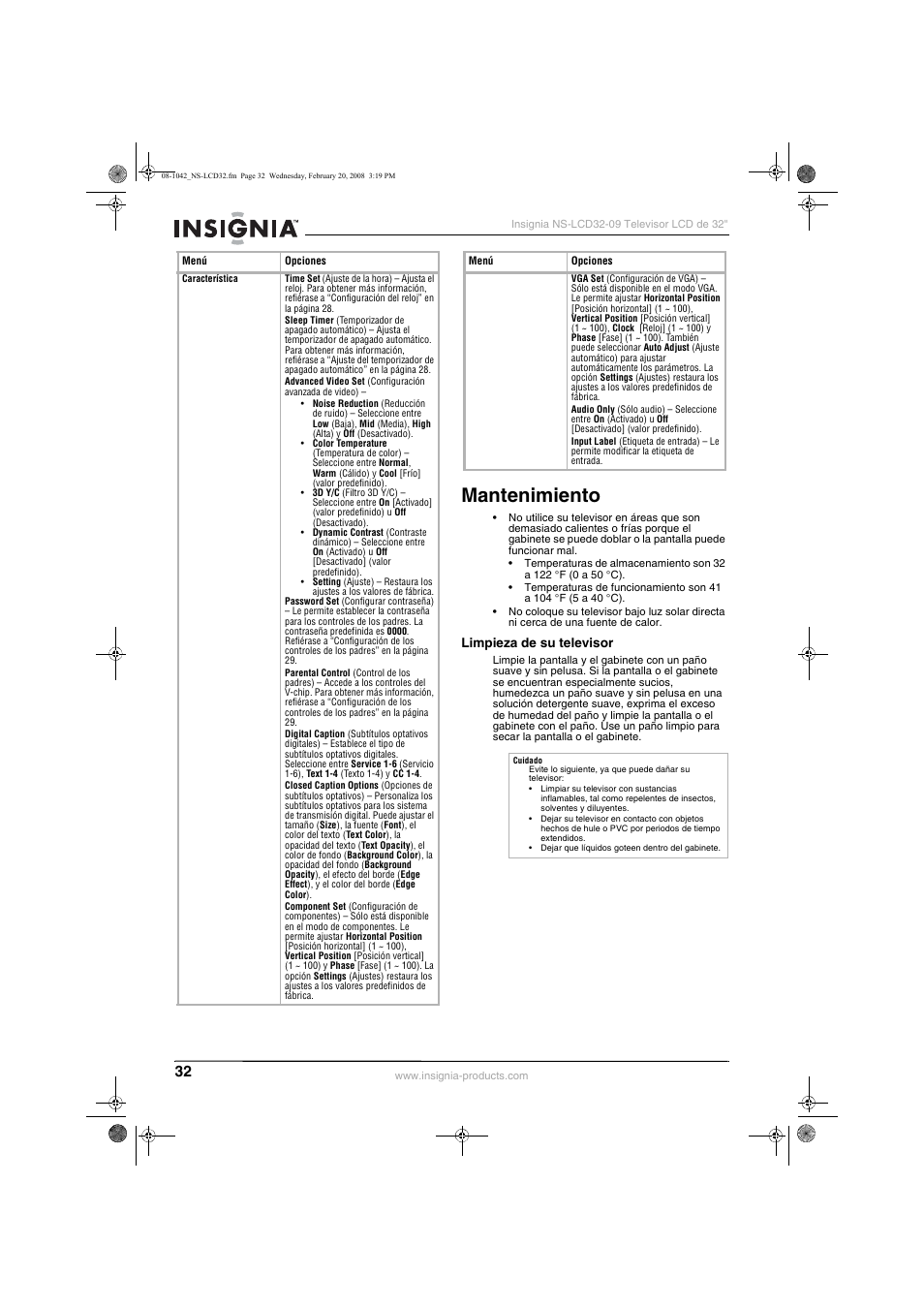 Mantenimiento, Limpieza de su televisor | Insignia NS-LCD32-09 User Manual | Page 34 / 40