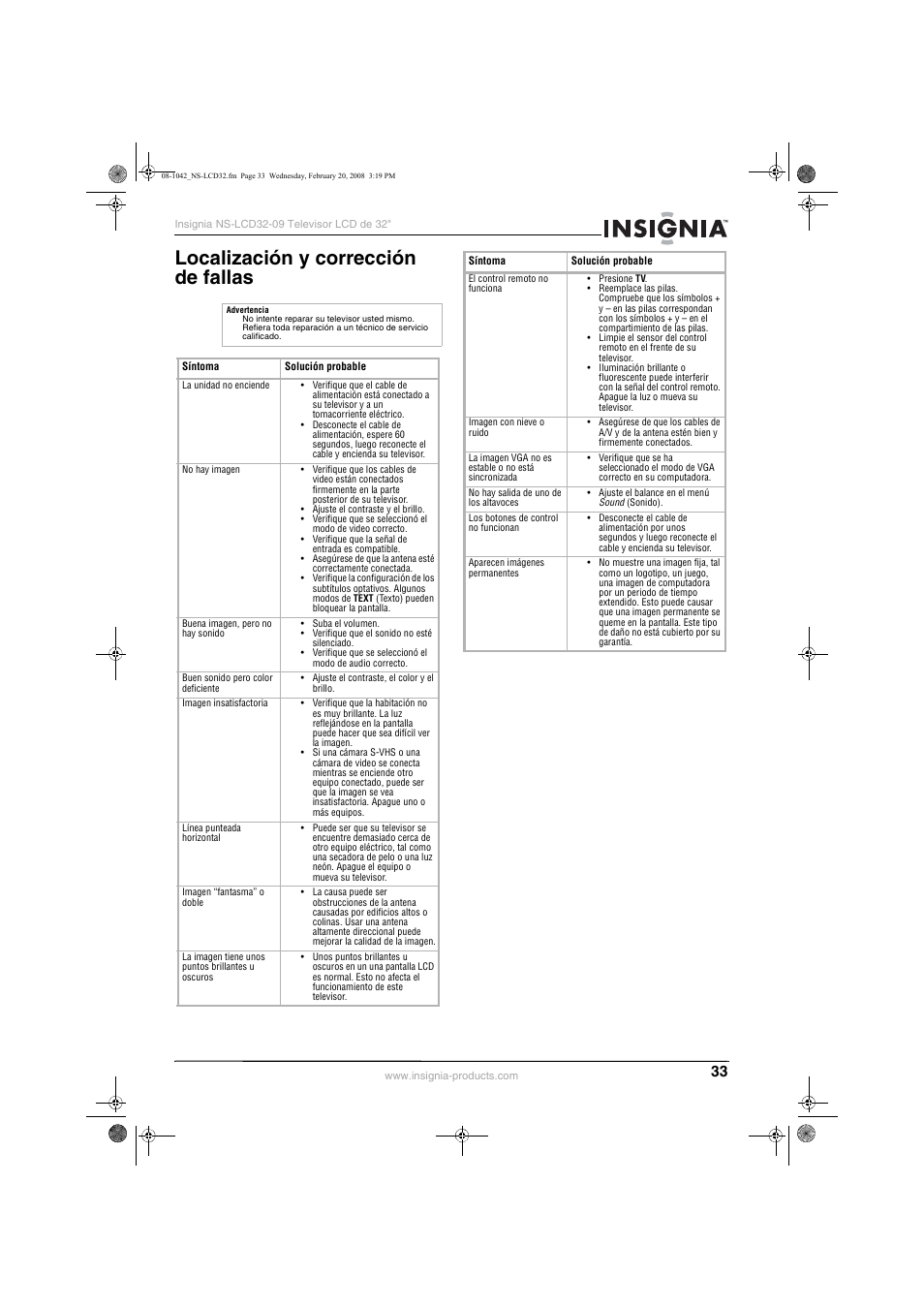 Localización y corrección de fallas | Insignia NS-LCD32-09 User Manual | Page 35 / 40