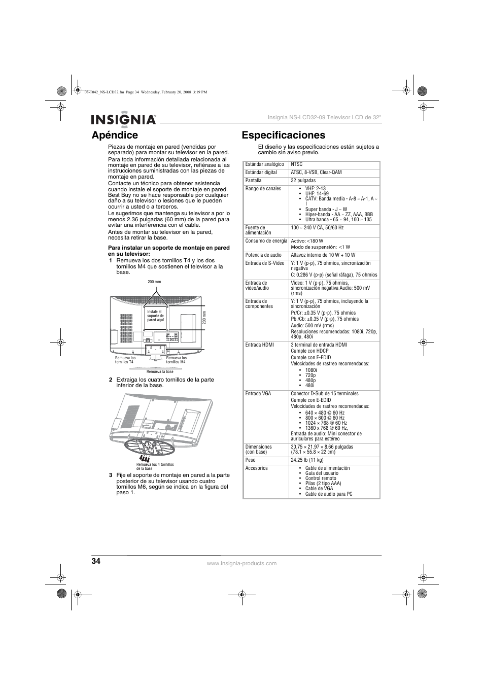 Apéndice, Especificaciones, Apéndice especificaciones | Insignia NS-LCD32-09 User Manual | Page 36 / 40