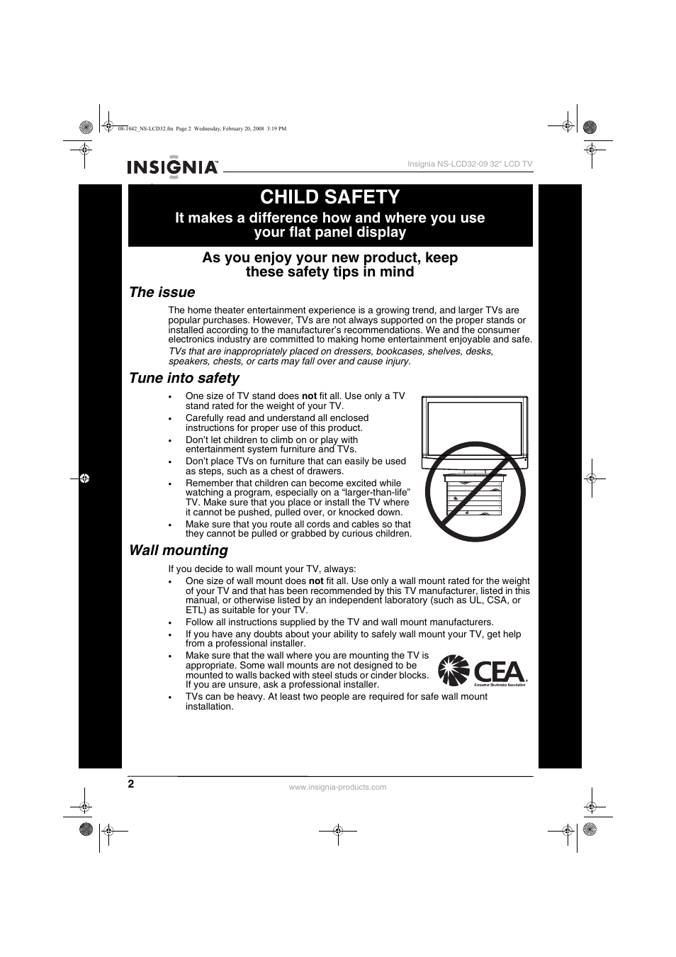 Child safety, Tune into safety, Wall mounting | Insignia NS-LCD32-09 User Manual | Page 4 / 40