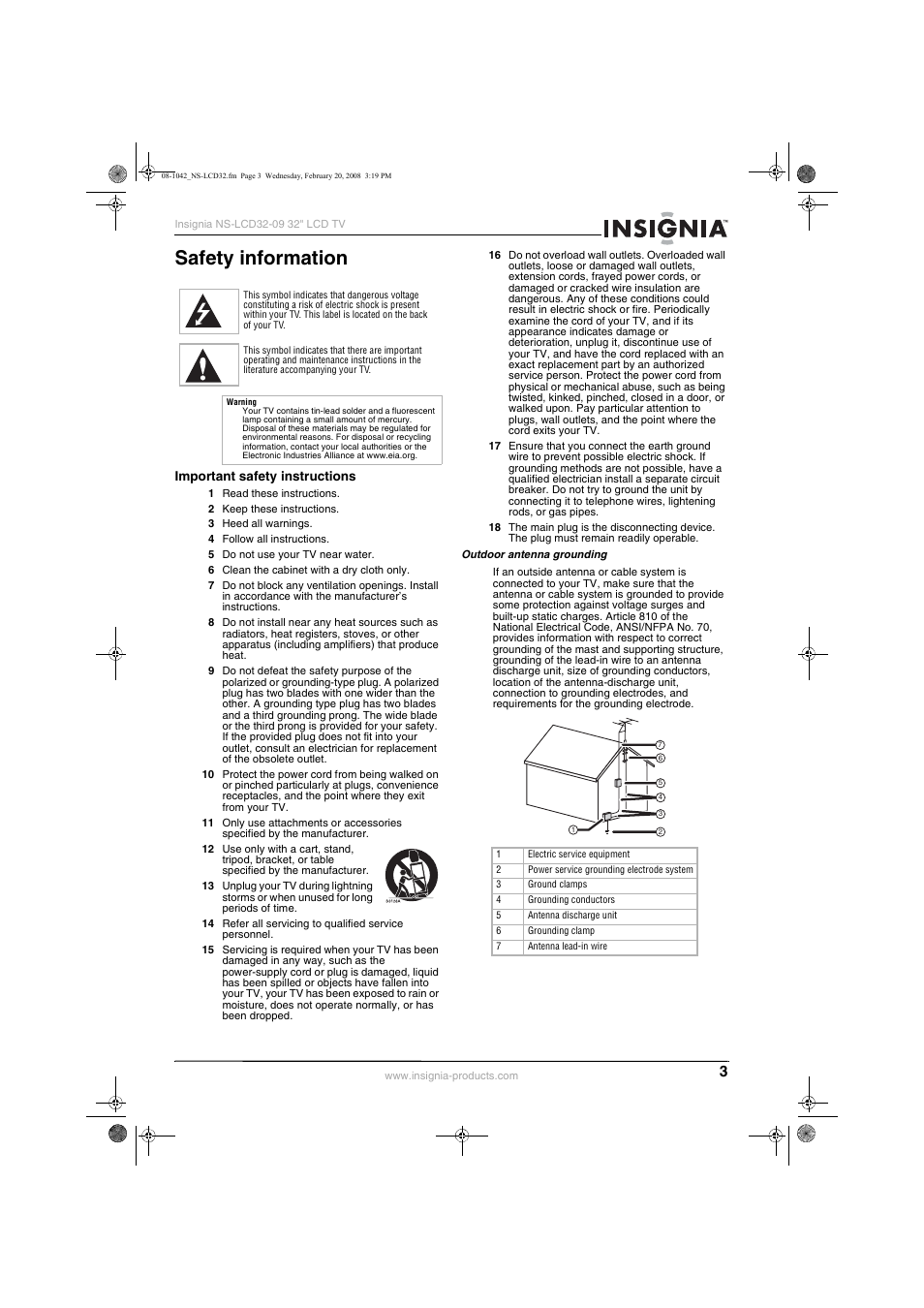 Safety information, Important safety instructions | Insignia NS-LCD32-09 User Manual | Page 5 / 40