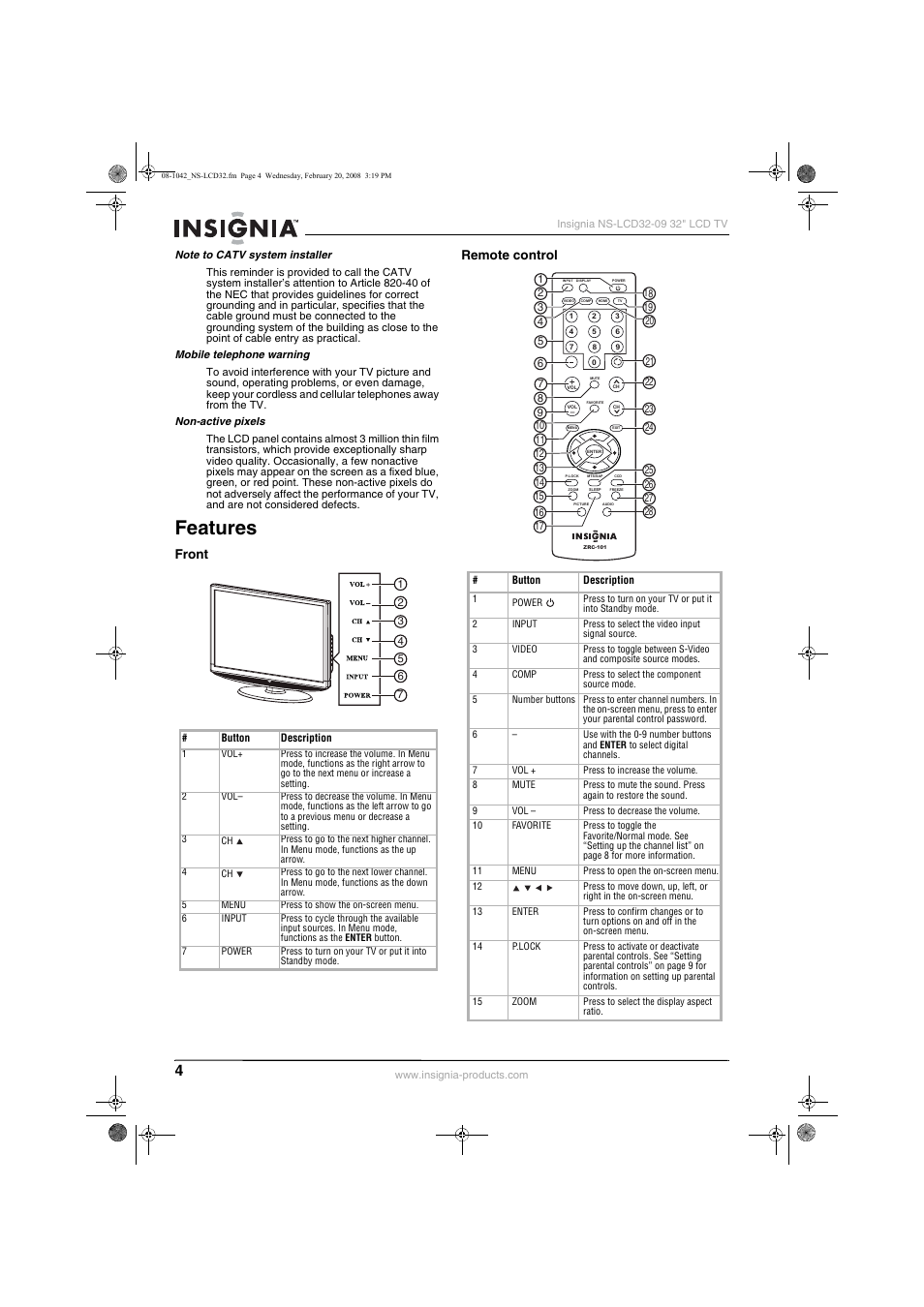 Features, Front, Remote control | Front remote control, Recall | Insignia NS-LCD32-09 User Manual | Page 6 / 40