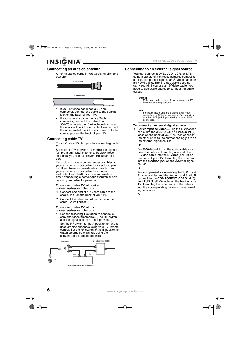 Connecting an outside antenna, Connecting cable tv, Connecting to an external signal source | Insignia NS-LCD32-09 User Manual | Page 8 / 40