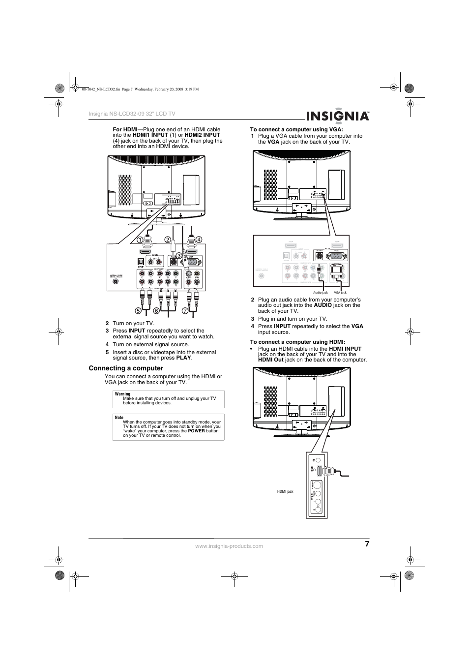 Connecting a computer | Insignia NS-LCD32-09 User Manual | Page 9 / 40