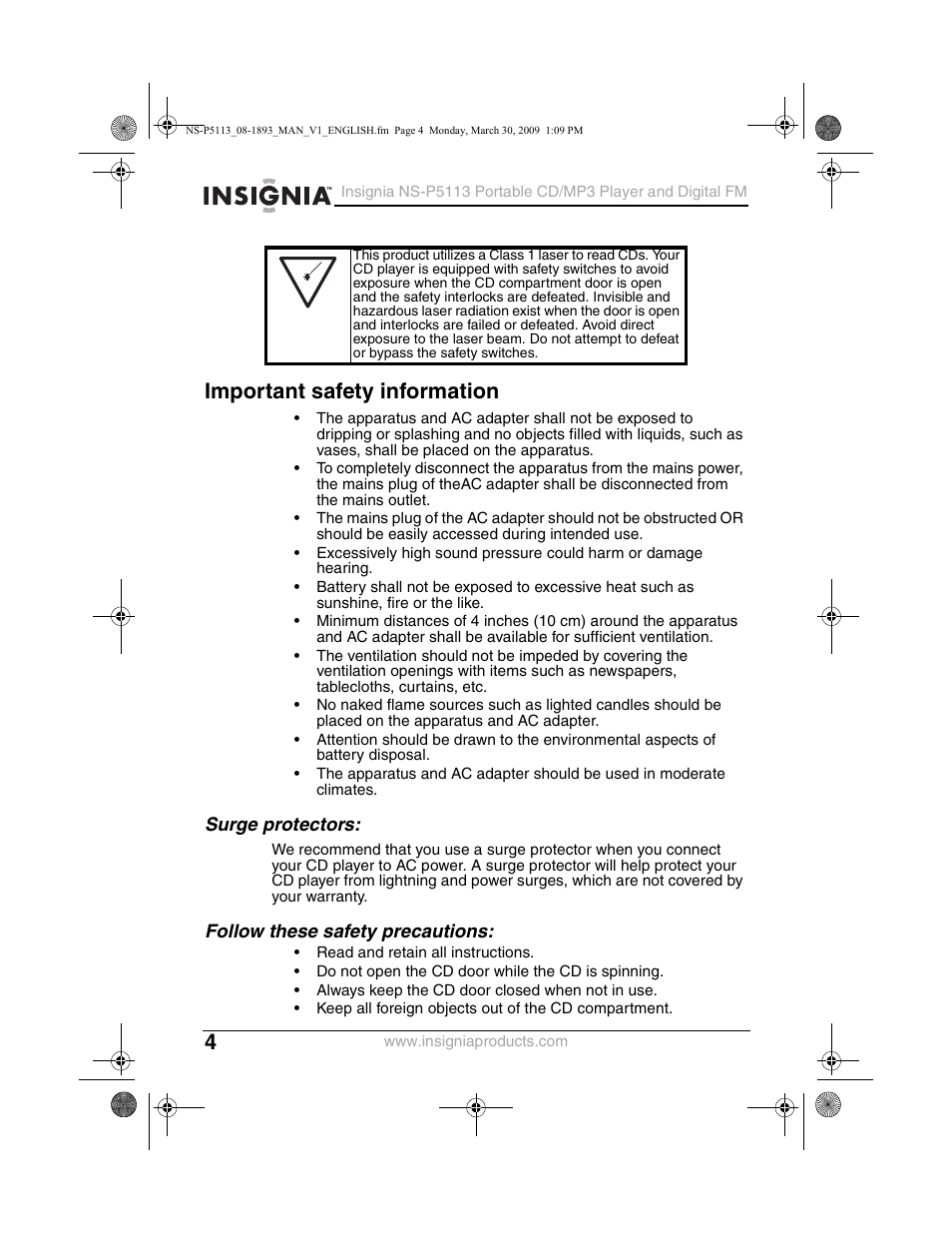 Important safety information, Surge protectors, Follow these safety precautions | Insignia NS-P5113 User Manual | Page 4 / 24