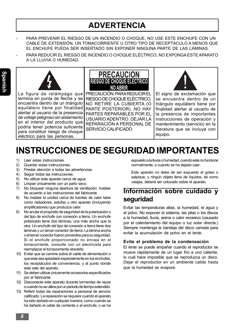 Instrucciones de seguridad importantes, Advertencia, Información sobre cuidado y seguridad | Spanish | Insignia IS-HTIB102731 User Manual | Page 30 / 86