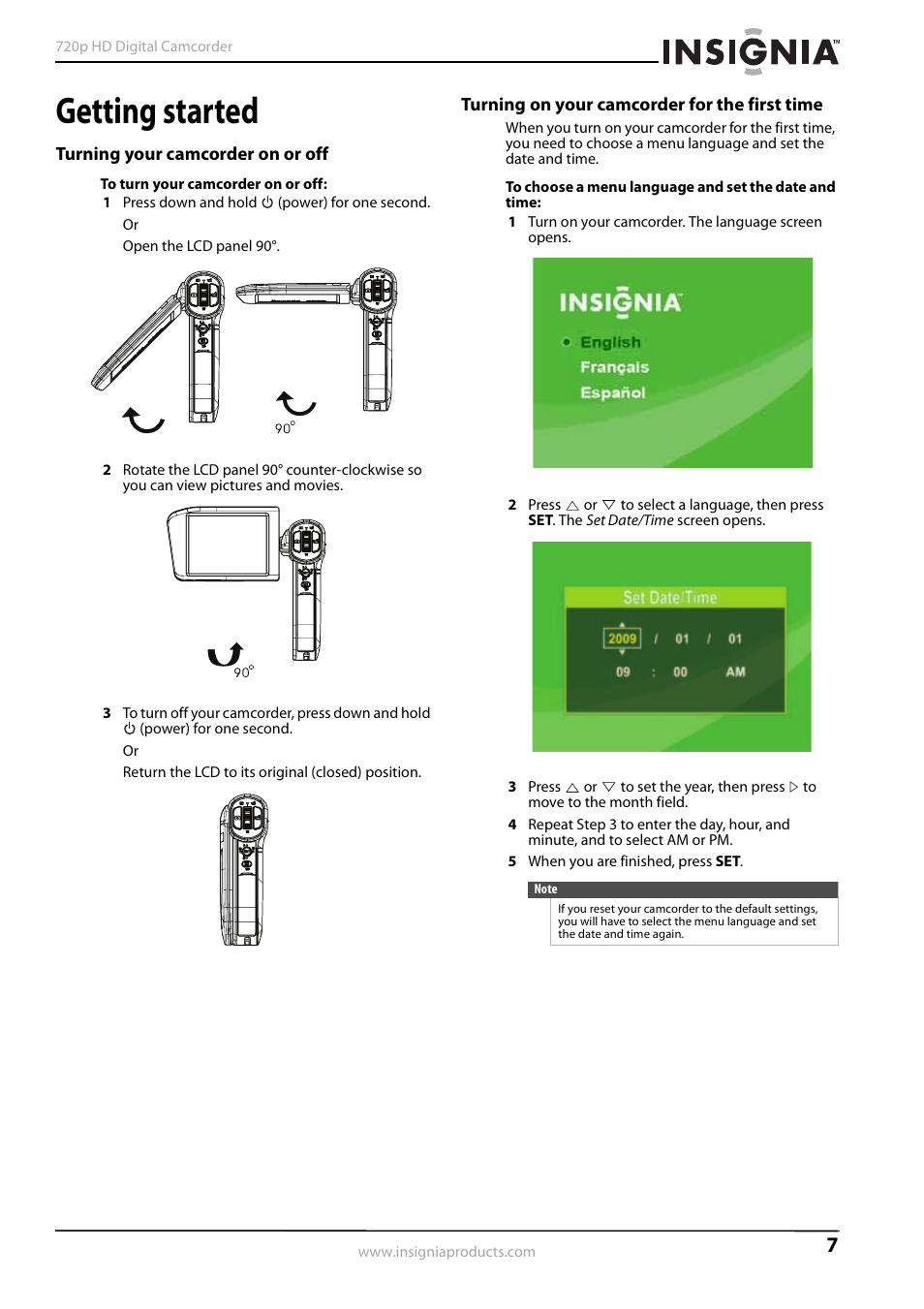 Getting started, Turning your camcorder on or off, Turning on your camcorder for the first time | Insignia NS-DV720PBL2 User Manual | Page 11 / 28