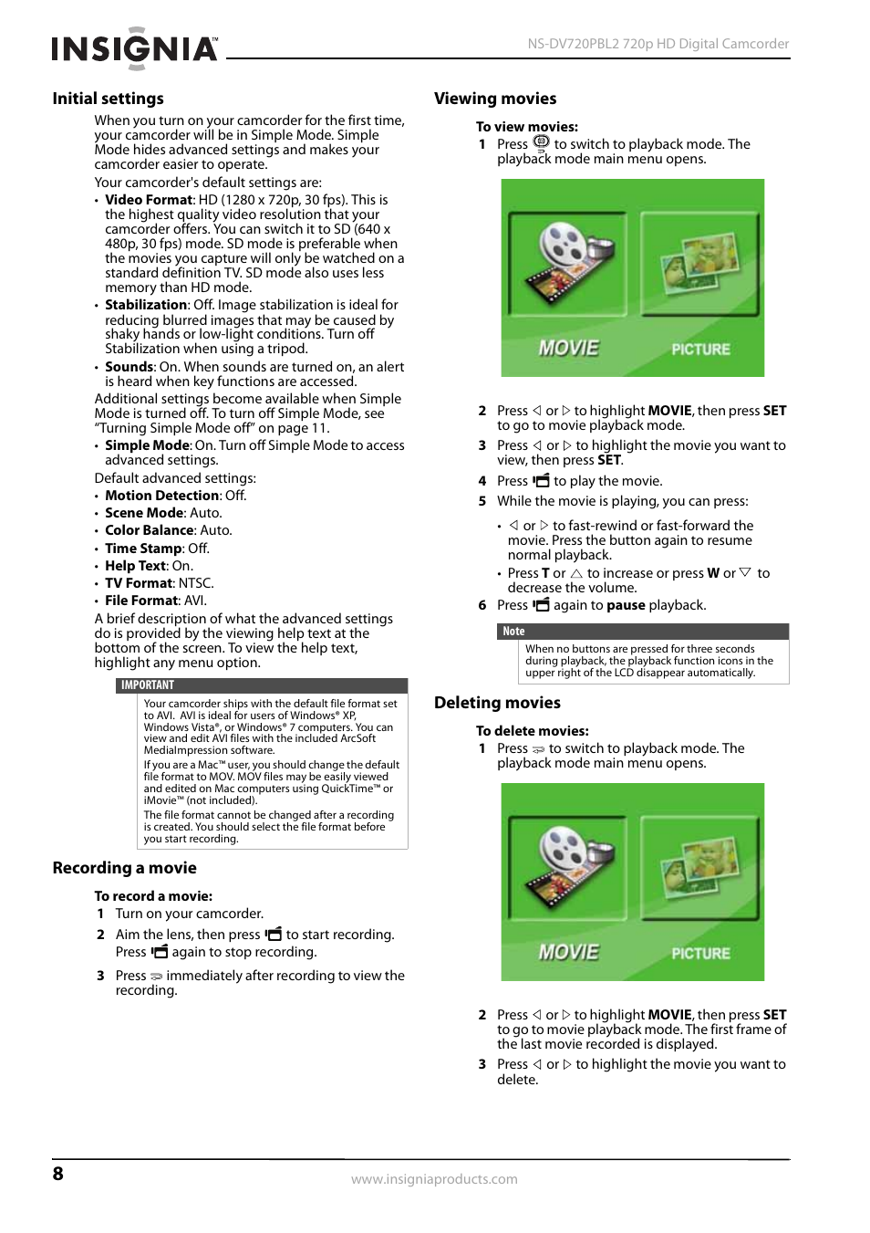 Initial settings, Recording a movie, Viewing movies | Deleting movies | Insignia NS-DV720PBL2 User Manual | Page 12 / 28