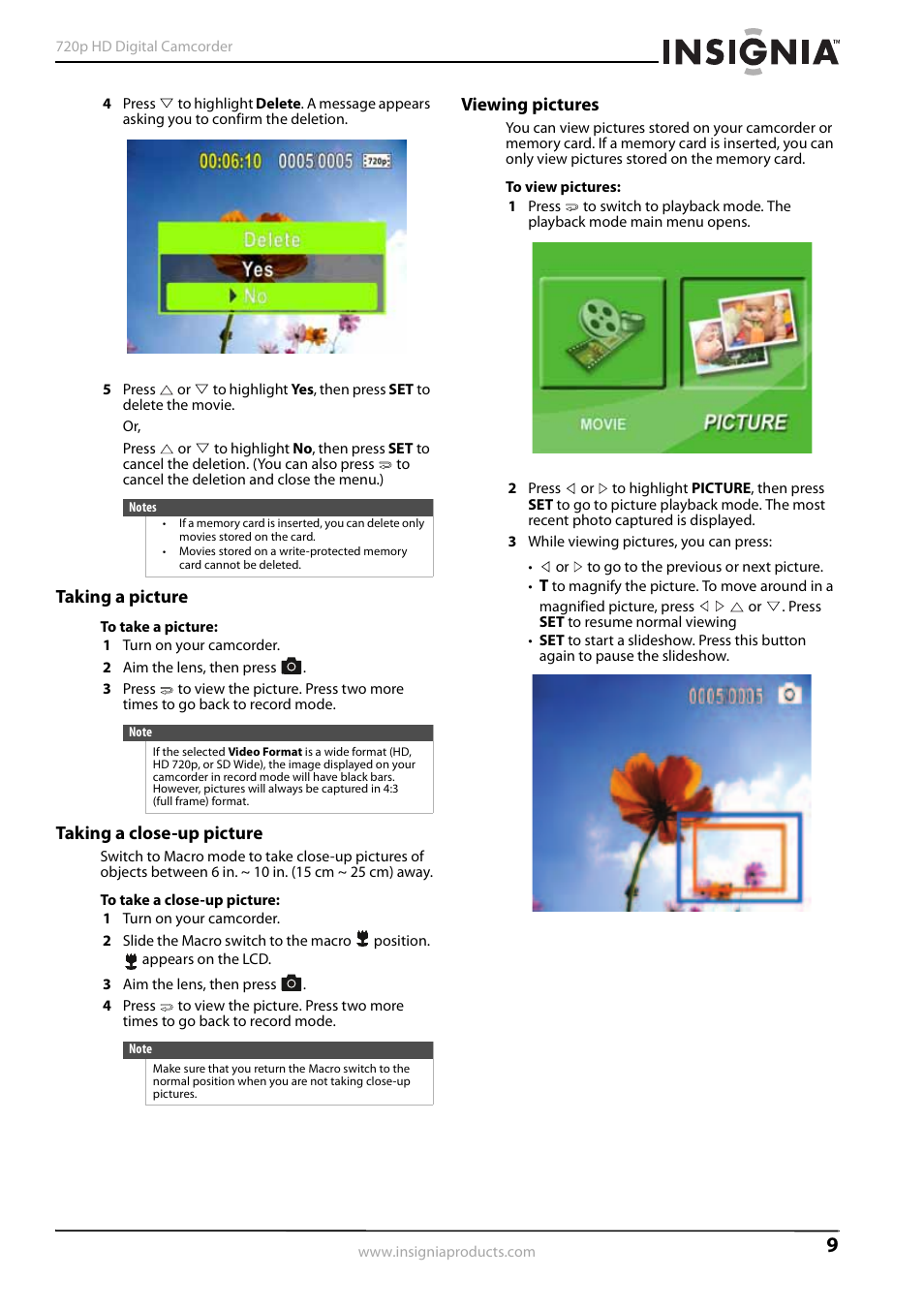 Taking a picture, Taking a close-up picture, Viewing pictures | Insignia NS-DV720PBL2 User Manual | Page 13 / 28