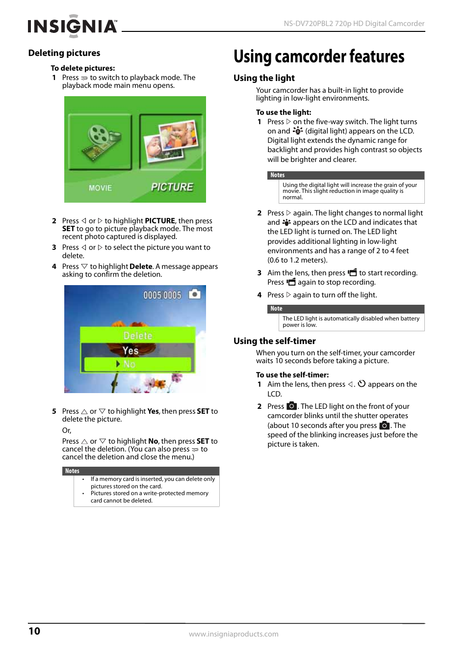 Deleting pictures, Using camcorder features, Using the light | Using the self-timer, Using the light using the self-timer | Insignia NS-DV720PBL2 User Manual | Page 14 / 28