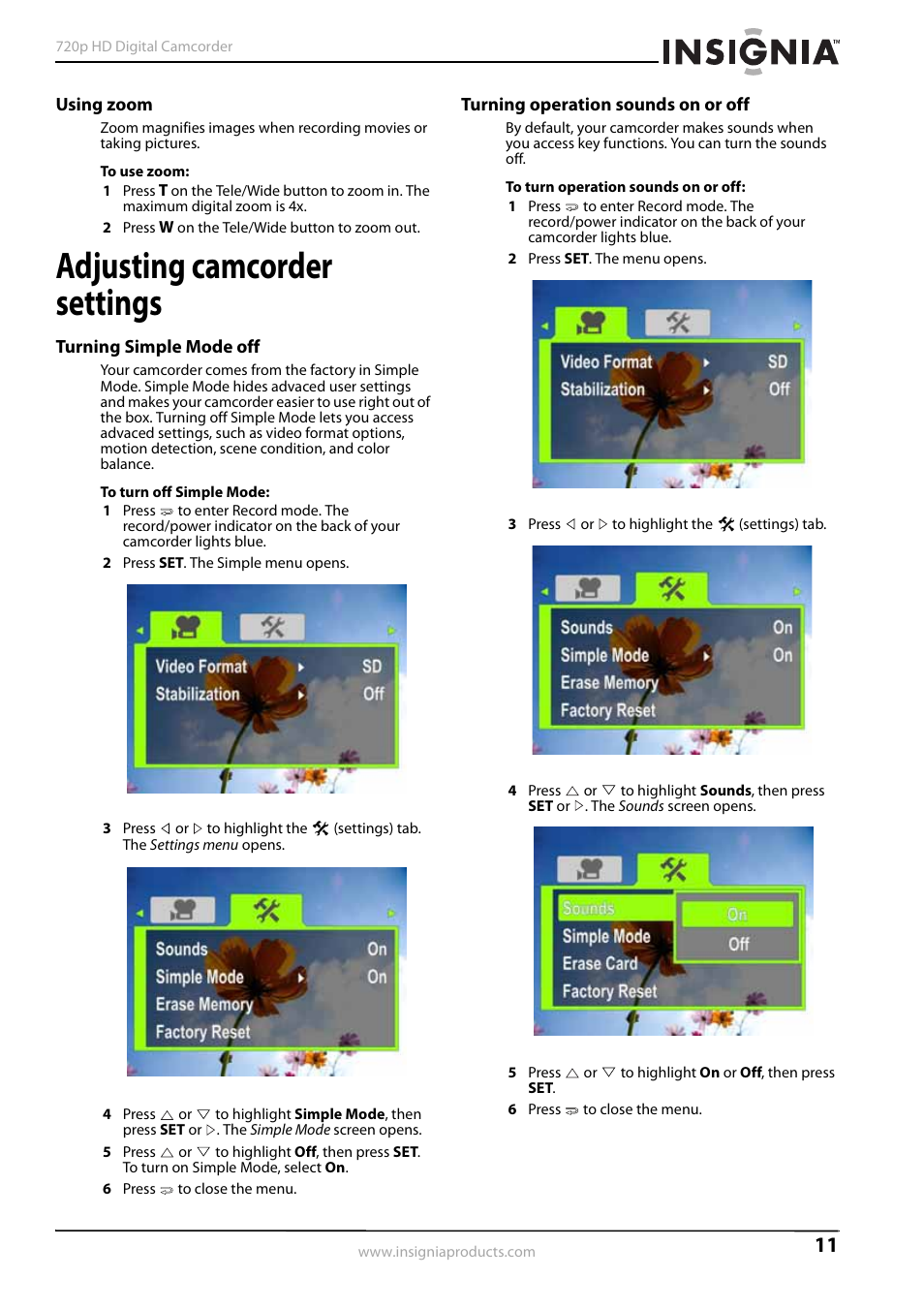 Using zoom, Adjusting camcorder settings, Turning simple mode off | Turning operation sounds on or off | Insignia NS-DV720PBL2 User Manual | Page 15 / 28