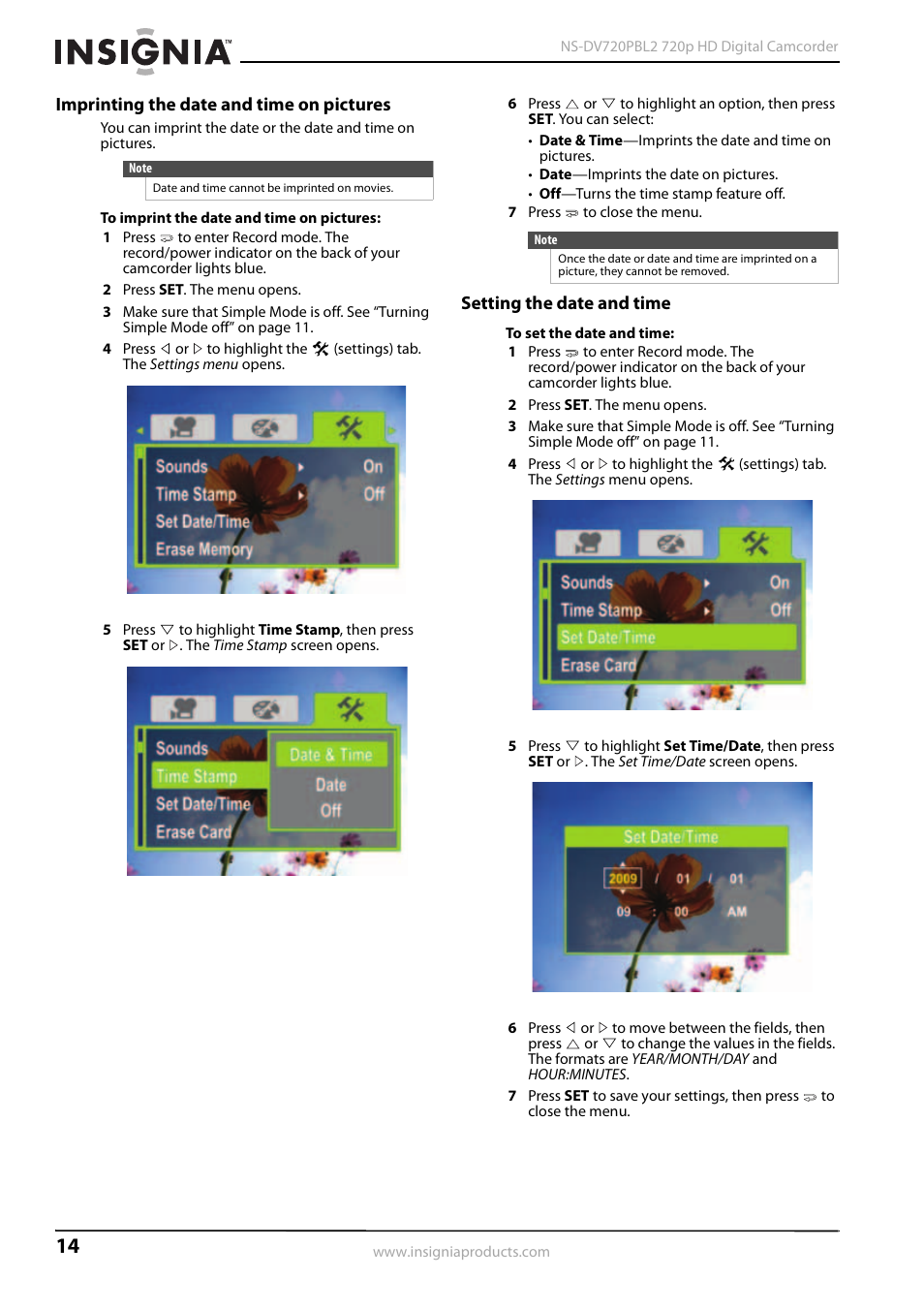 Imprinting the date and time on pictures, Setting the date and time | Insignia NS-DV720PBL2 User Manual | Page 18 / 28