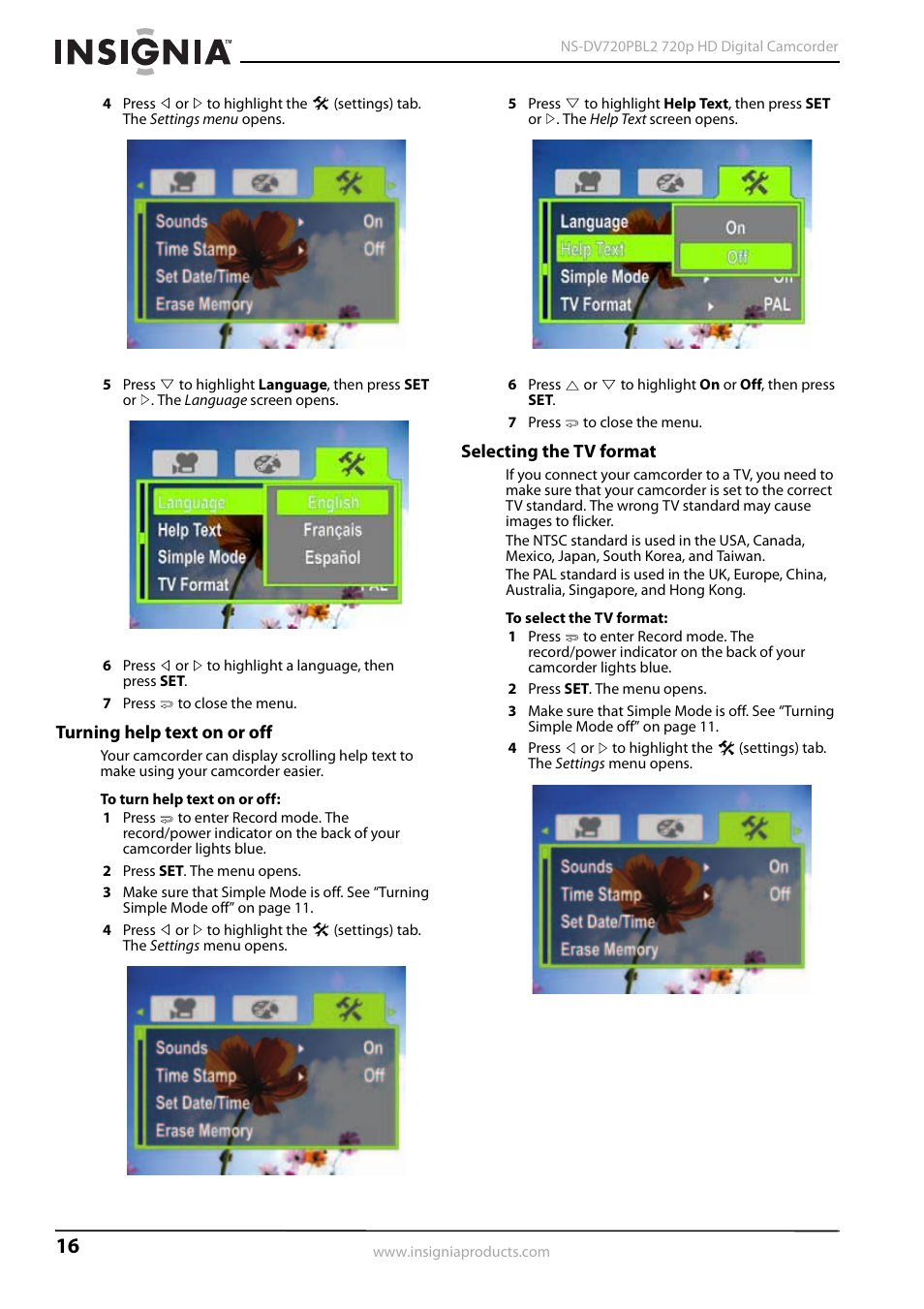 Turning help text on or off, Selecting the tv format | Insignia NS-DV720PBL2 User Manual | Page 20 / 28