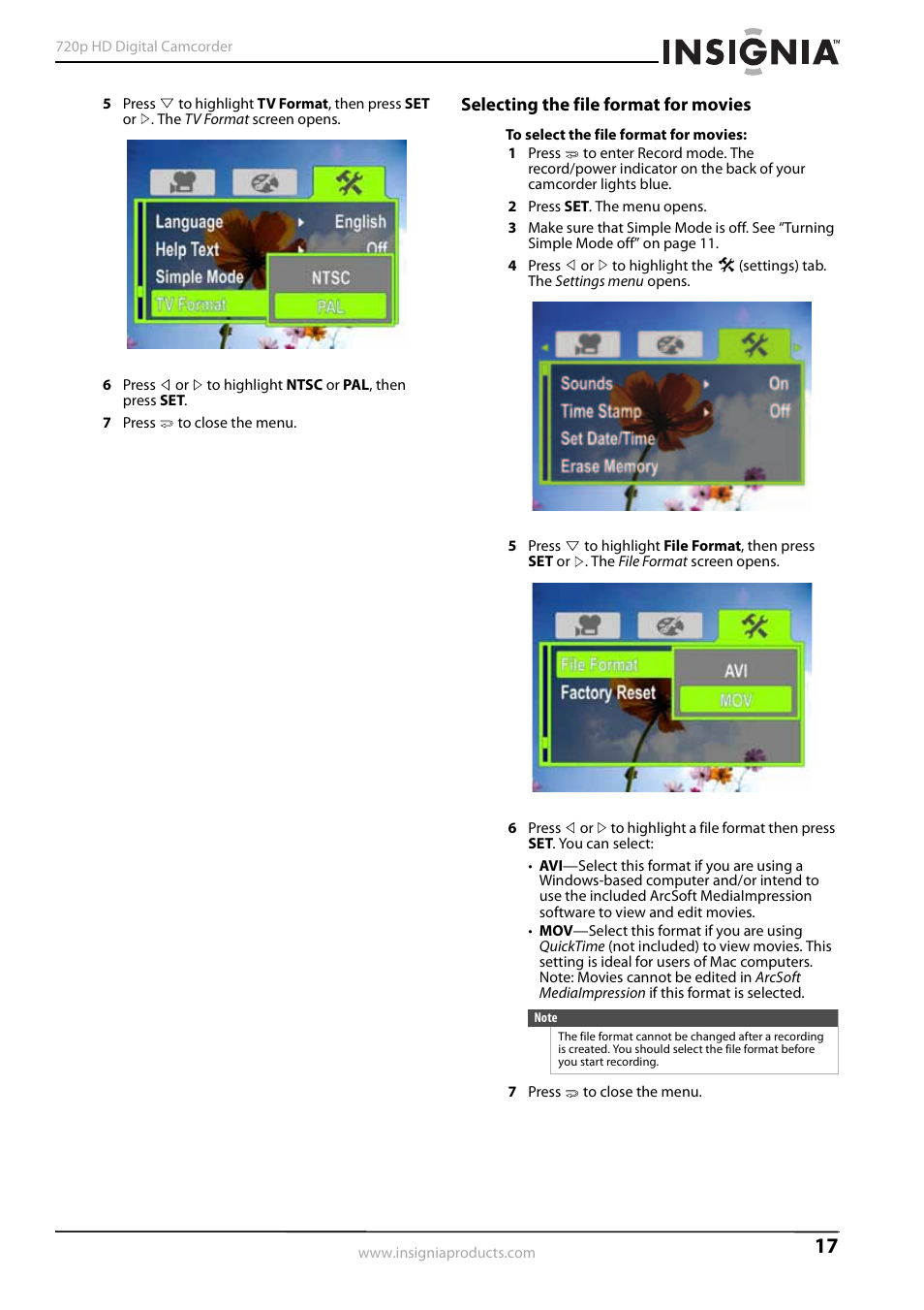 Selecting the file format for movies | Insignia NS-DV720PBL2 User Manual | Page 21 / 28