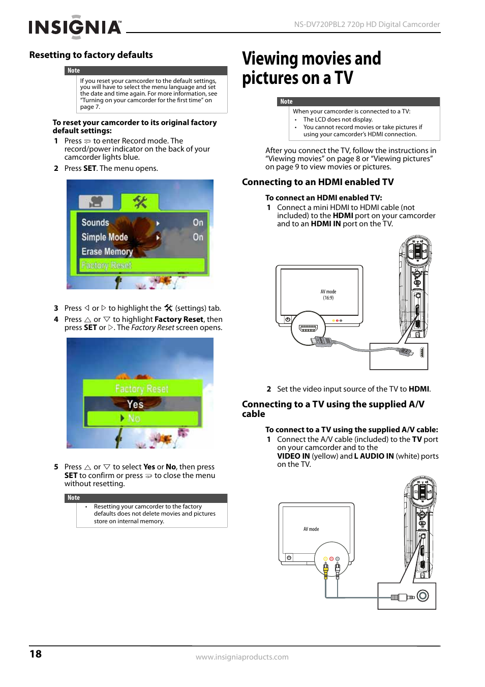 Resetting to factory defaults, Viewing movies and pictures on a tv, Connecting to an hdmi enabled tv | Connecting to a tv using the supplied a/v cable | Insignia NS-DV720PBL2 User Manual | Page 22 / 28