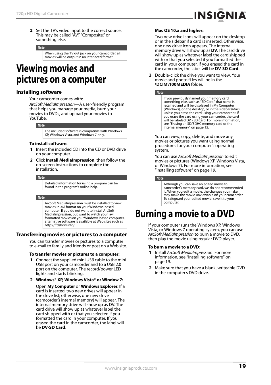 Viewing movies and pictures on a computer, Installing software, Transferring movies or pictures to a computer | Burning a movie to a dvd | Insignia NS-DV720PBL2 User Manual | Page 23 / 28