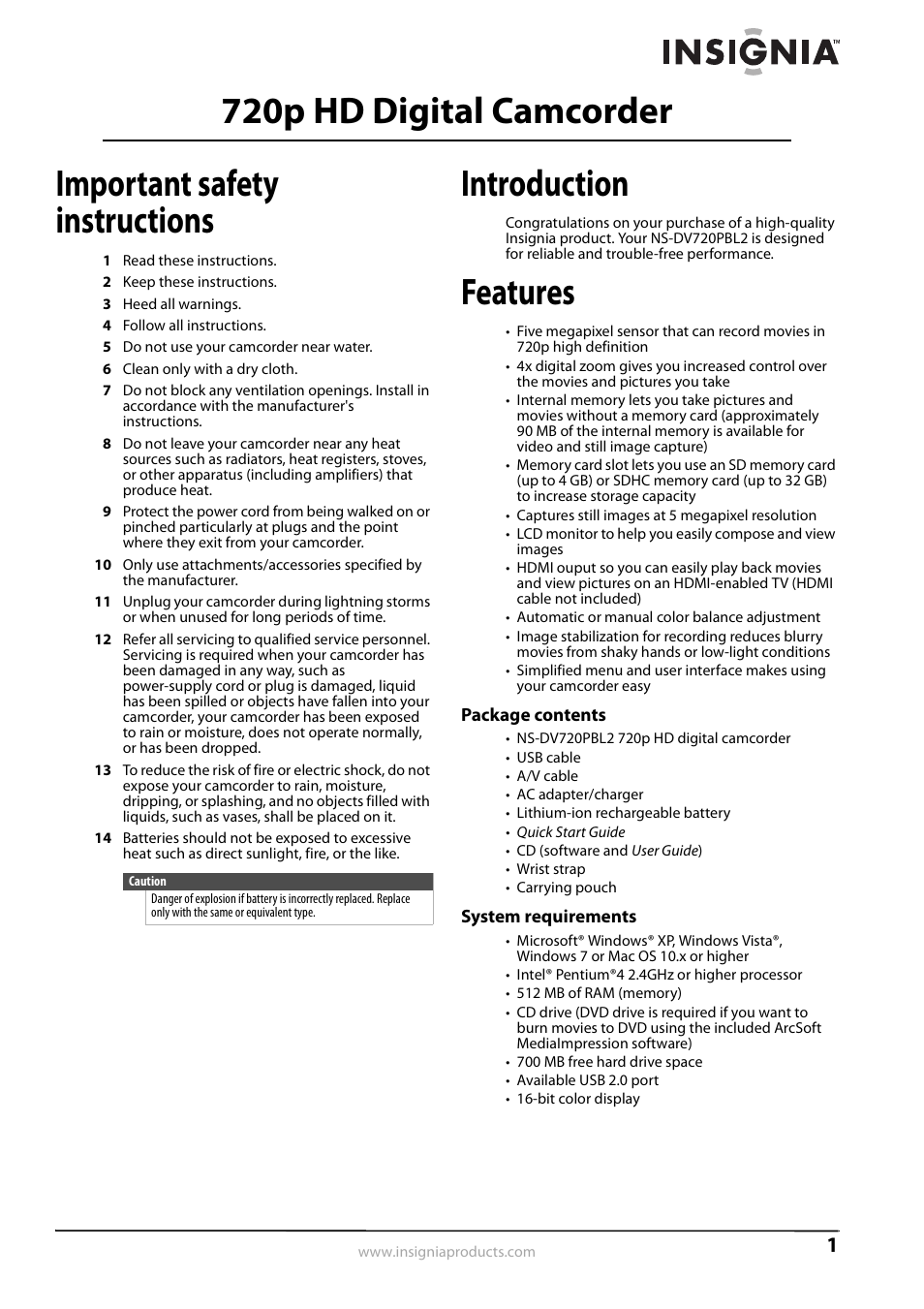 Important safety instructions, Introduction, Features | Package contents, System requirements, Package contents system requirements | Insignia NS-DV720PBL2 User Manual | Page 5 / 28