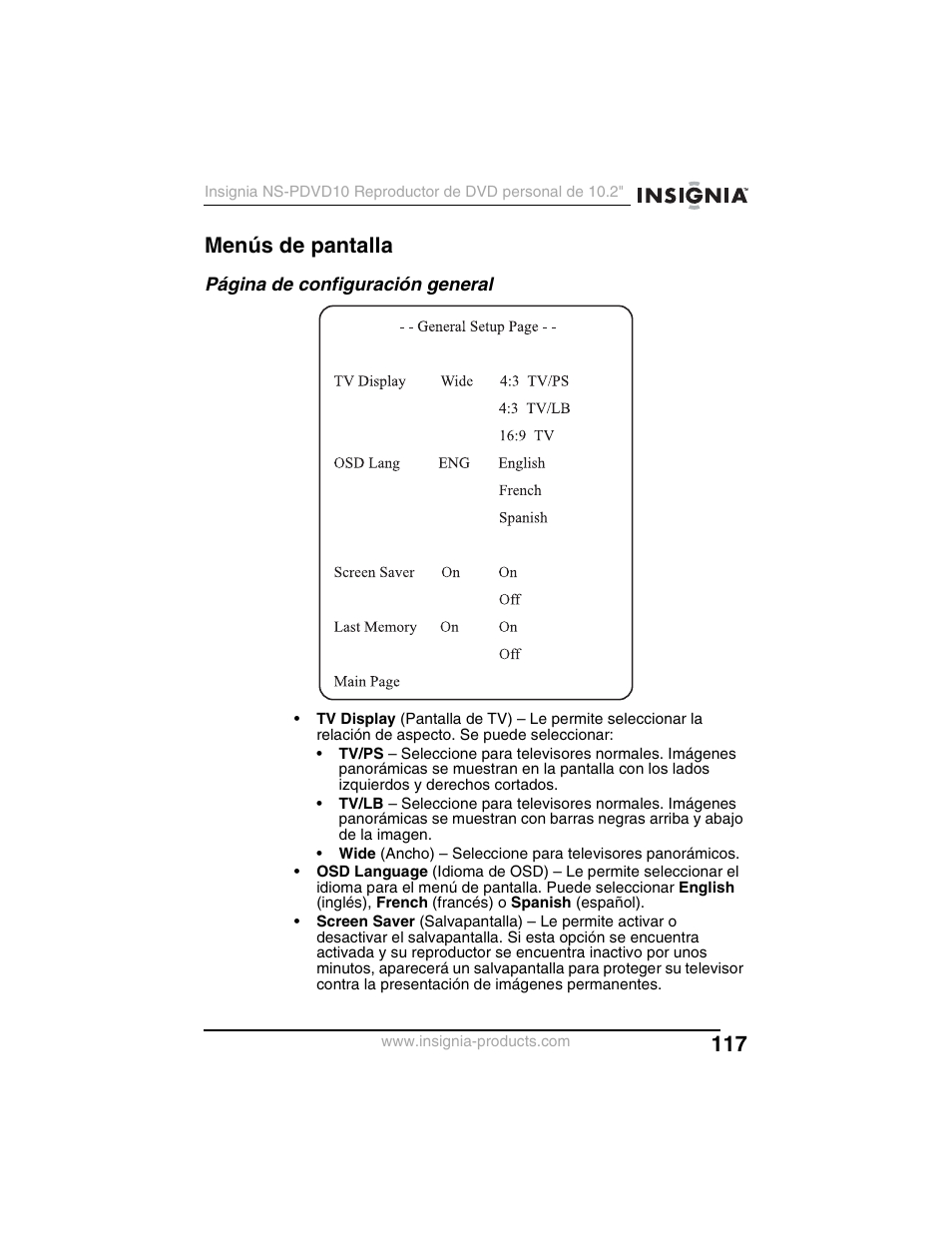 Menús de pantalla | Insignia NS-PDVD10 User Manual | Page 119 / 130