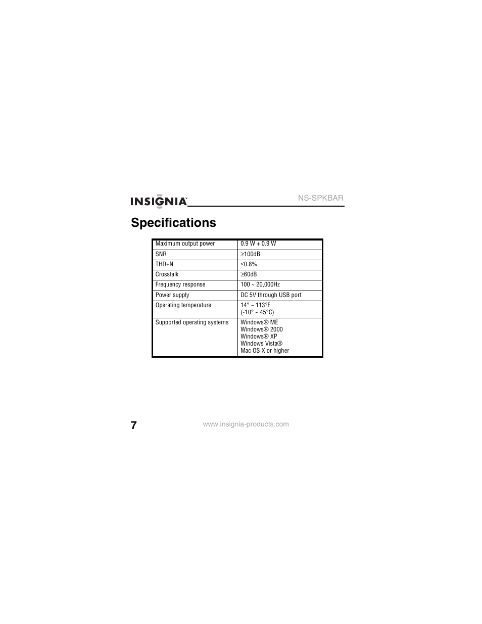 Specifications | Insignia NS-SPKBAR User Manual | Page 8 / 20