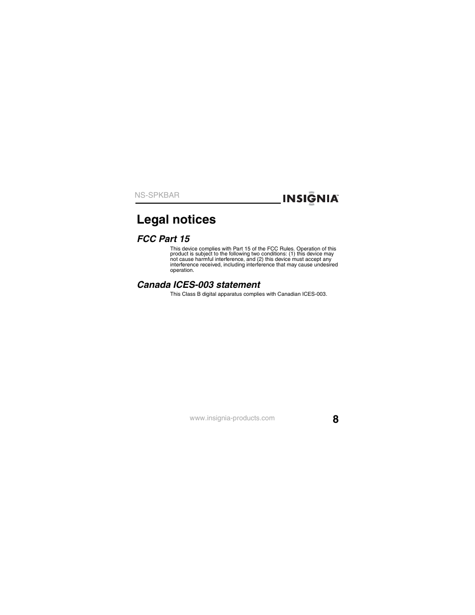 Legal notices | Insignia NS-SPKBAR User Manual | Page 9 / 20