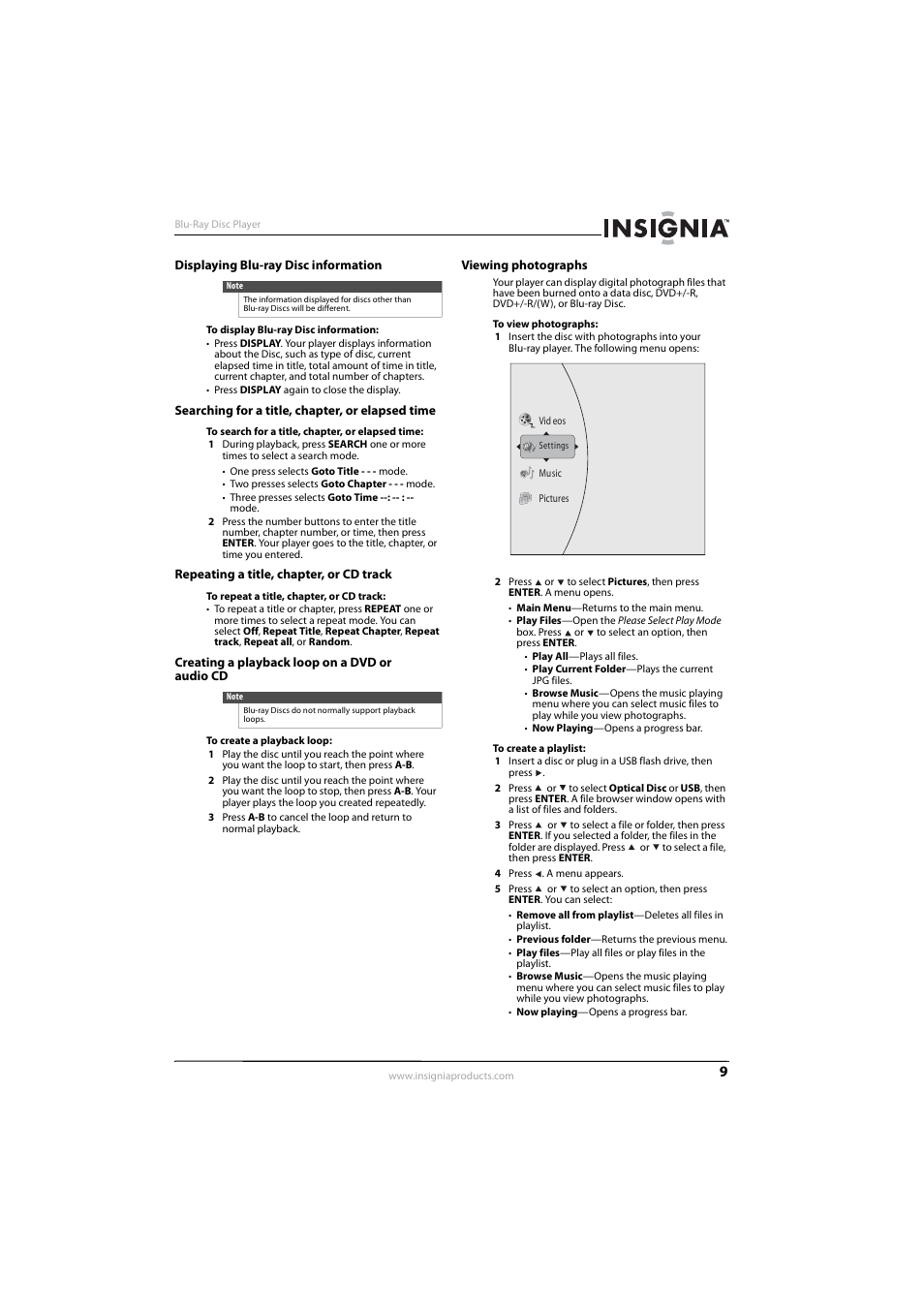 Displaying blu-ray disc information, Searching for a title, chapter, or elapsed time, Repeating a title, chapter, or cd track | Creating a playback loop on a dvd or audio cd, Viewing photographs | Insignia NS-BRDVD3-CA User Manual | Page 13 / 28