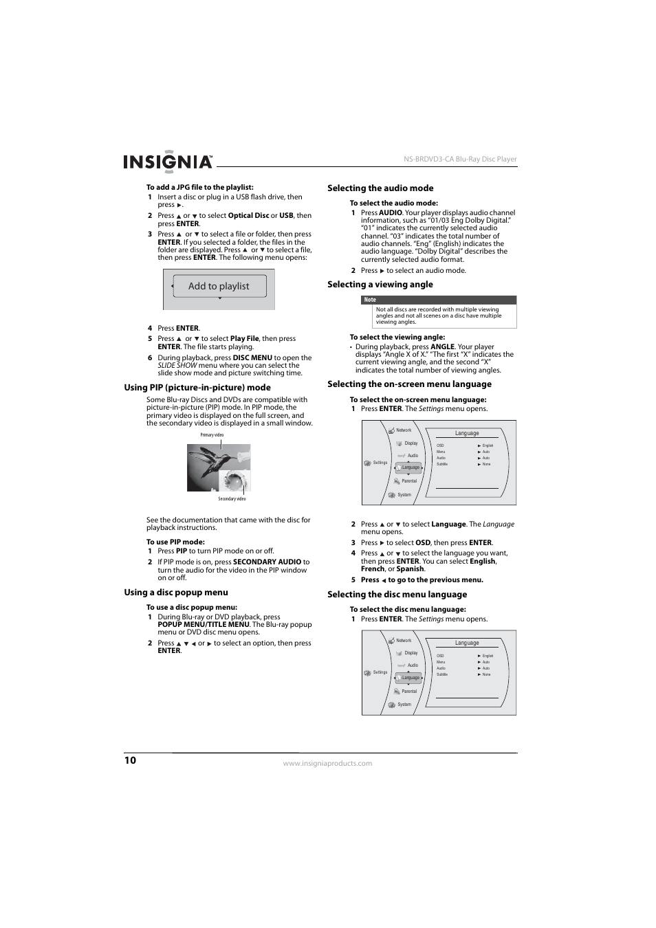 Using pip (picture-in-picture) mode, Using a disc popup menu, Selecting the audio mode | Selecting a viewing angle, Selecting the on-screen menu language, Selecting the disc menu language, See “using pip (picture-in-picture) mode” o, Selecting the audio mode” o, Using pip (picture-in-picture) mode” o, Add to playlist | Insignia NS-BRDVD3-CA User Manual | Page 14 / 28