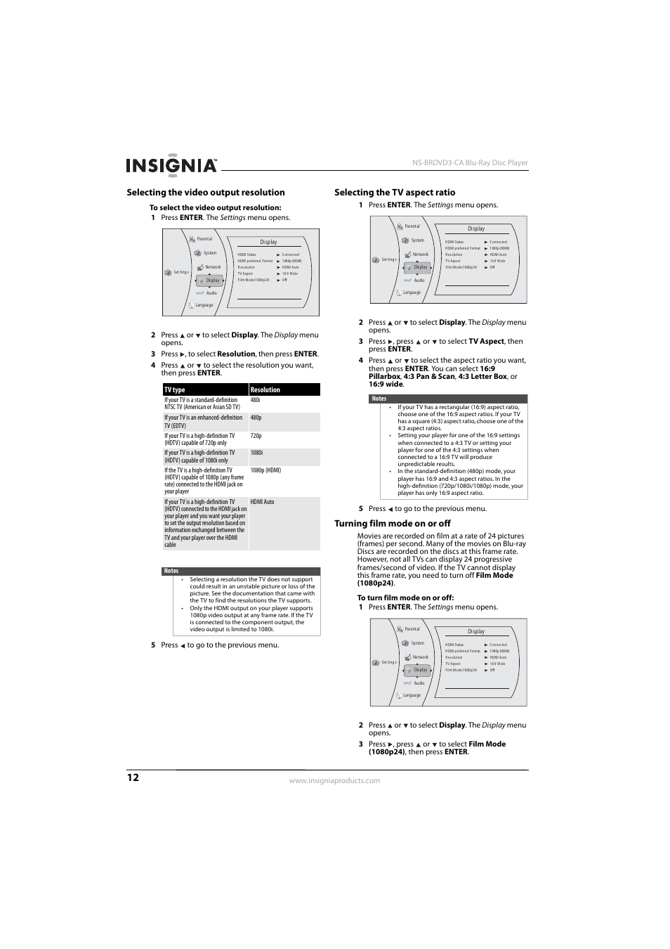 Selecting the video output resolution, Selecting the tv aspect ratio, Turning film mode on or off | Ee “selecting the video output resolution” on | Insignia NS-BRDVD3-CA User Manual | Page 16 / 28