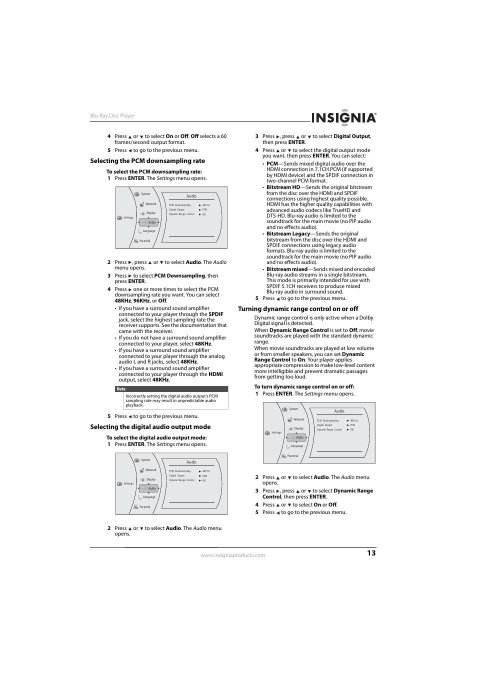 Selecting the pcm downsampling rate, Selecting the digital audio output mode, Turning dynamic range control on or off | Insignia NS-BRDVD3-CA User Manual | Page 17 / 28