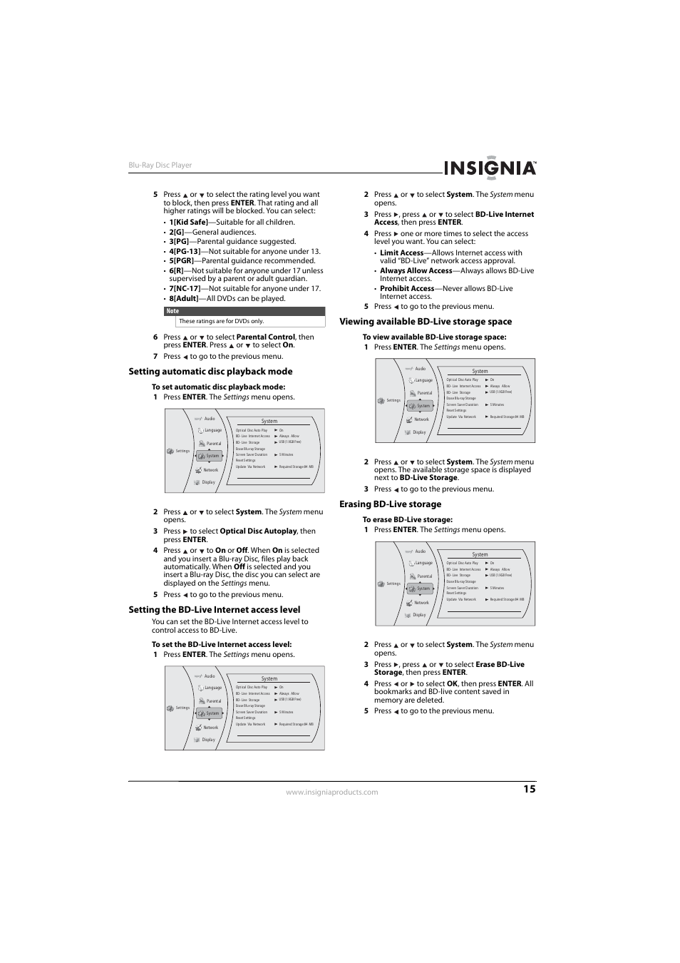 Setting automatic disc playback mode, Setting the bd-live internet access level, Viewing available bd-live storage space | Erasing bd-live storage | Insignia NS-BRDVD3-CA User Manual | Page 19 / 28