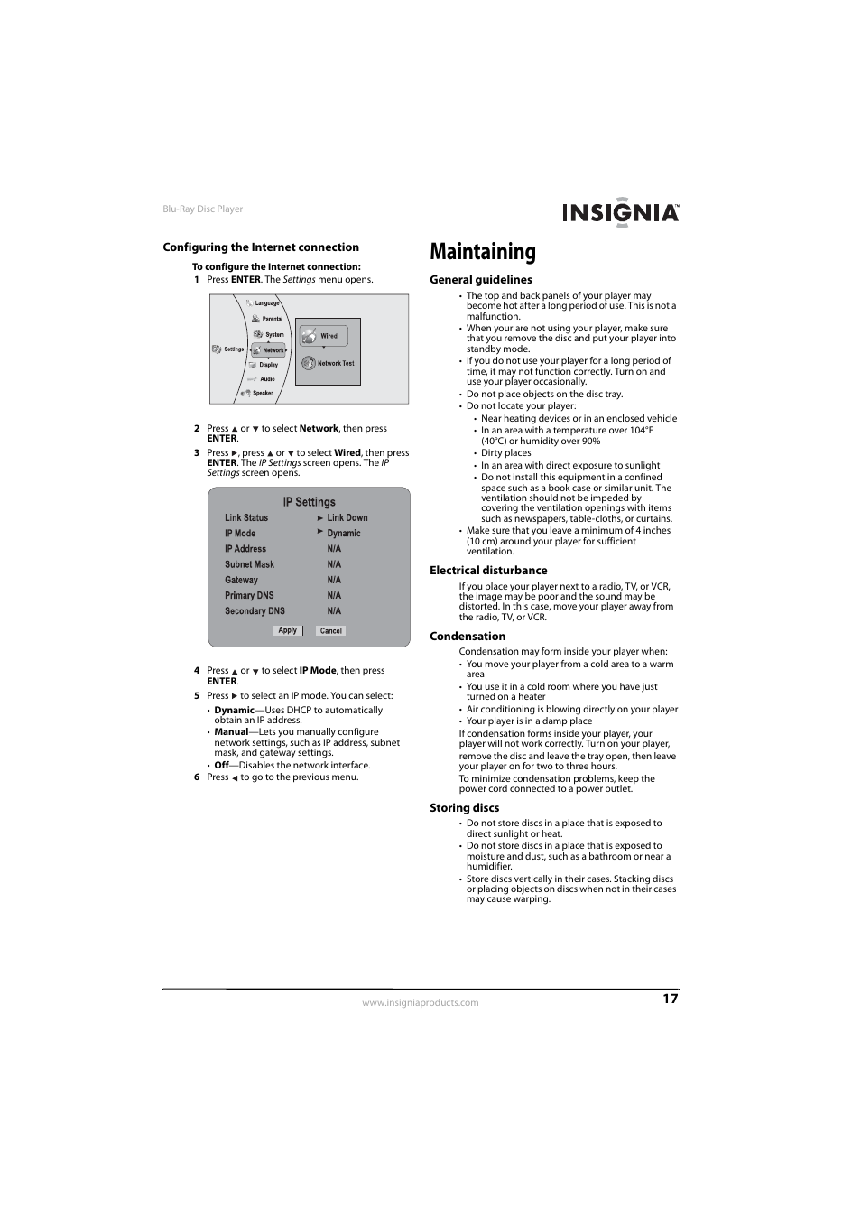 Configuring the internet connection, Maintaining, General guidelines | Electrical disturbance, Condensation, Storing discs | Insignia NS-BRDVD3-CA User Manual | Page 21 / 28