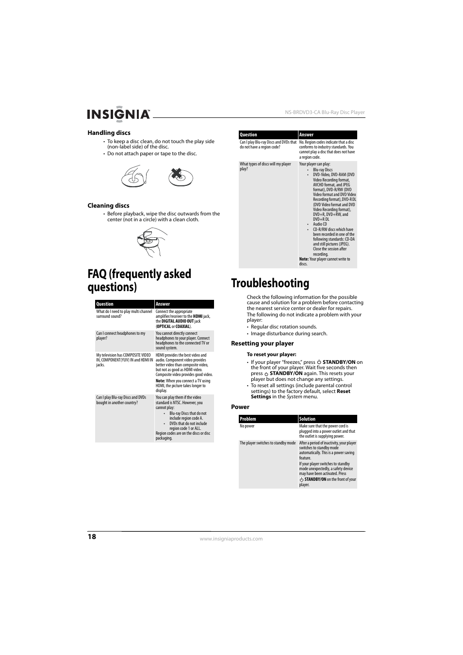 Handling discs, Cleaning discs, Faq (frequently asked questions) | Troubleshooting, Resetting your player, Power, Handling discs cleaning discs, Resetting your player power, Faq (frequently asked questions) troubleshooting | Insignia NS-BRDVD3-CA User Manual | Page 22 / 28