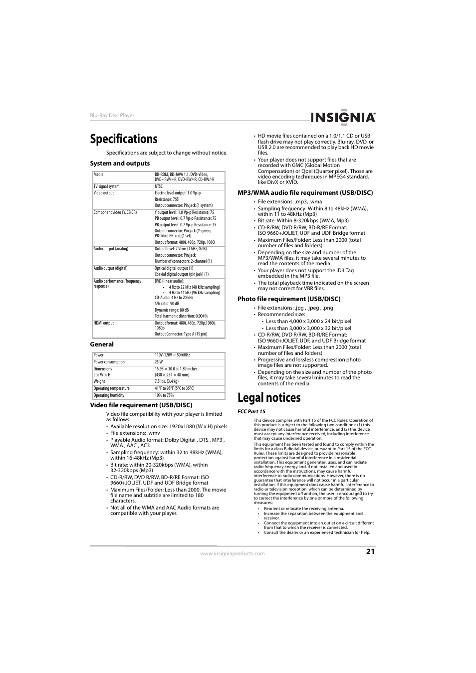 Specifications, System and outputs, General | Video file requirement (usb/disc), Mp3/wma audio file requirement (usb/disc), Photo file requirement (usb/disc), Legal notices | Insignia NS-BRDVD3-CA User Manual | Page 25 / 28