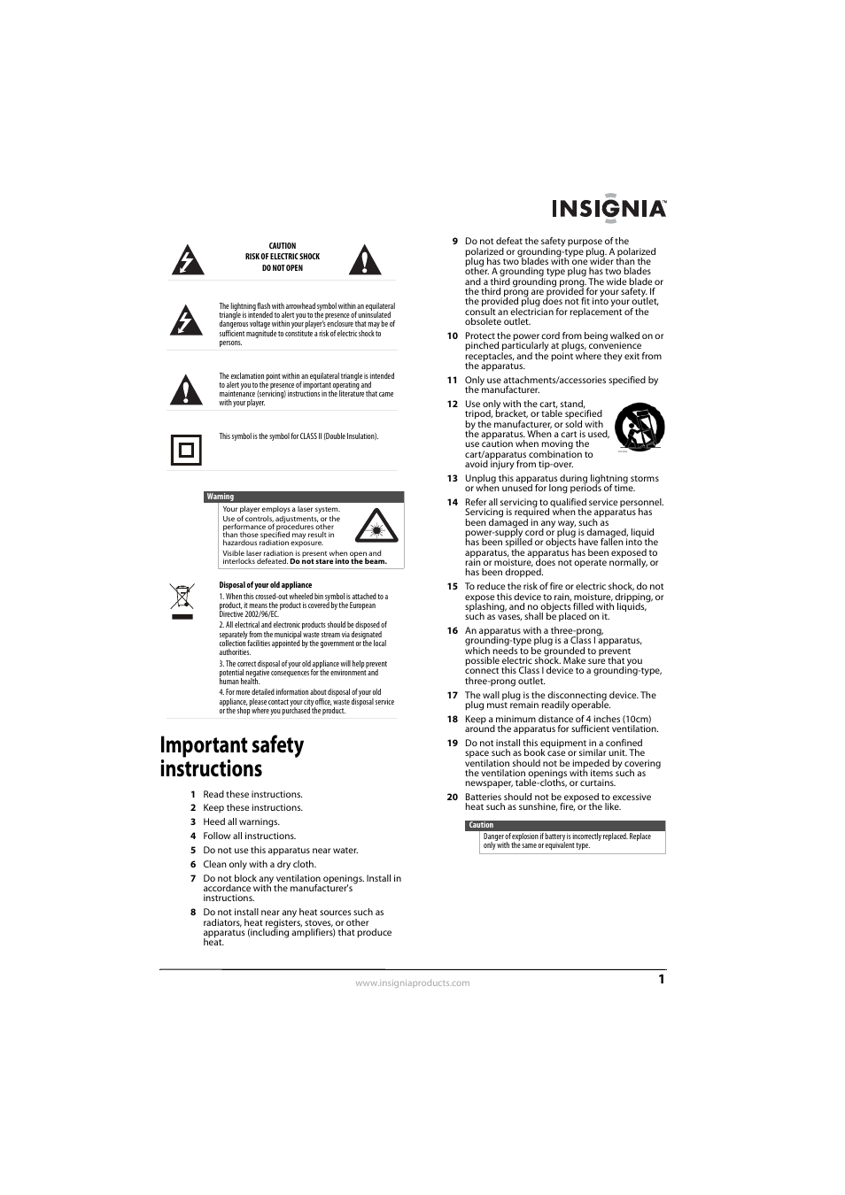 Important safety instructions | Insignia NS-BRDVD3-CA User Manual | Page 5 / 28
