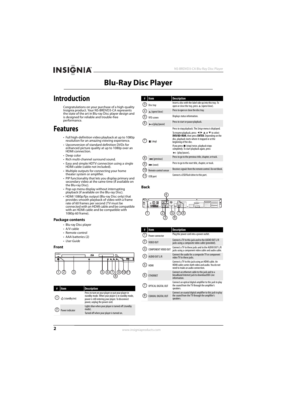 Introduction, Features, Package contents | Front, Back, Package contents front back, Blu-ray disc player introduction | Insignia NS-BRDVD3-CA User Manual | Page 6 / 28