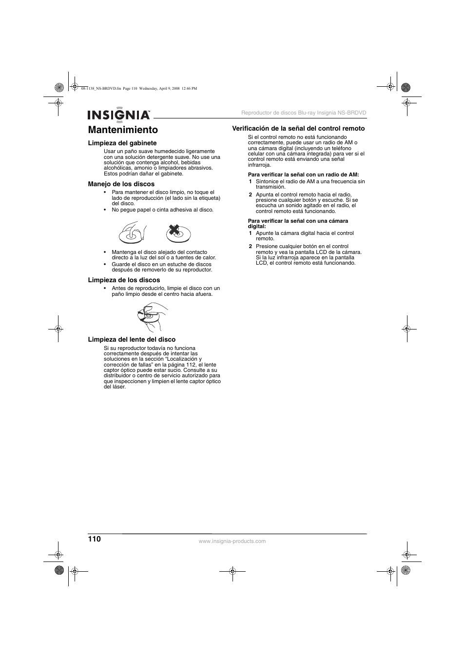 Mantenimiento | Insignia NS-BRDVD User Manual | Page 118 / 126