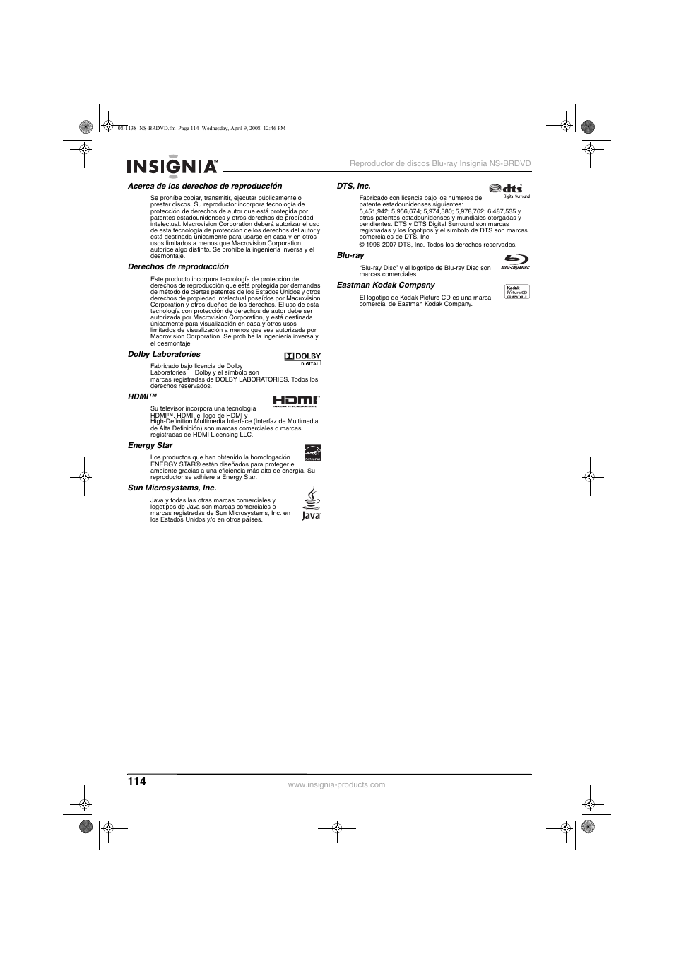 Insignia NS-BRDVD User Manual | Page 122 / 126