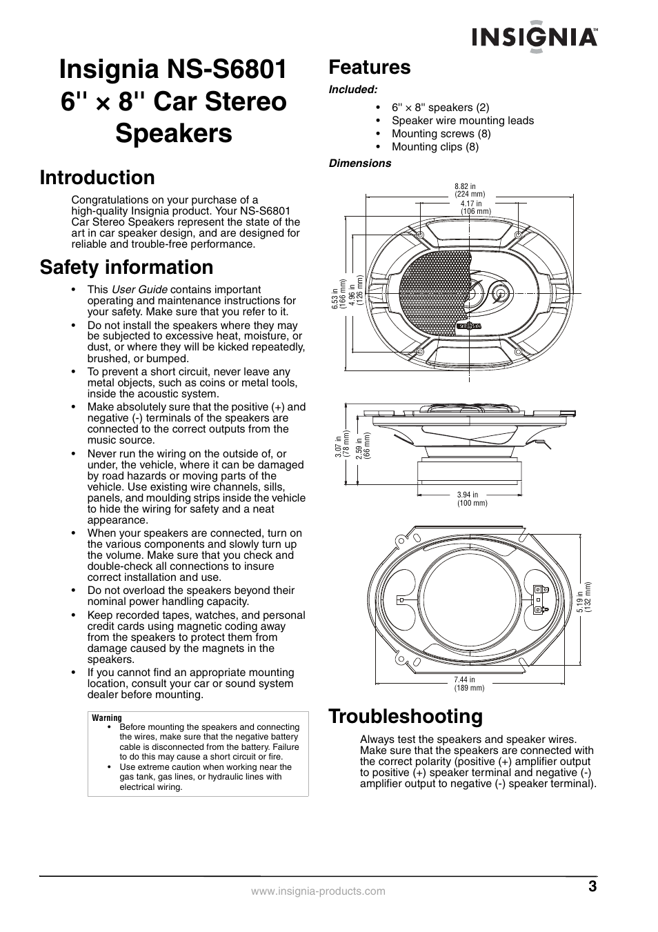 Insignia ns-s6801 6'' ° 8'' car stereo speakers, Introduction, Safety information | Features, Included, Dimensions, Troubleshooting | Insignia NS-S6801 User Manual | Page 3 / 8