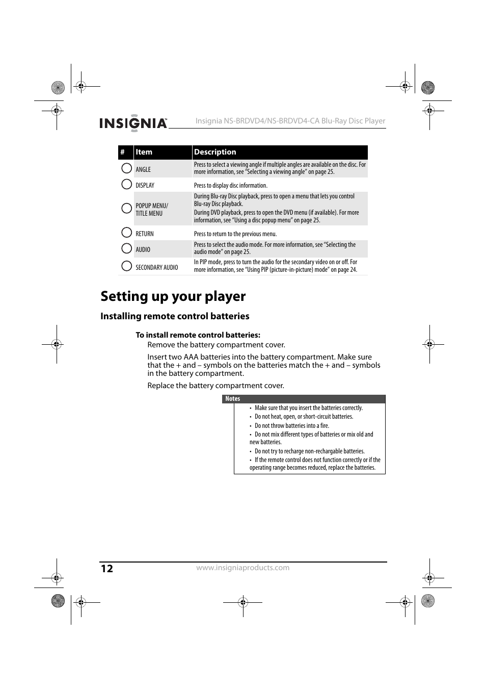 Setting up your player, Installing remote control batteries, To install remote control batteries | Insignia NS-BRDVD4 User Manual | Page 12 / 67