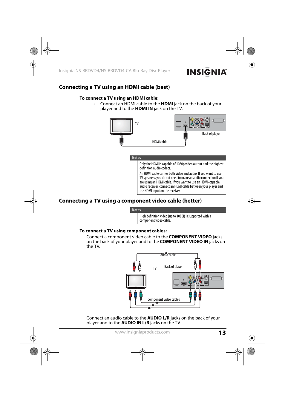 Connecting a tv using an hdmi cable (best), To connect a tv using an hdmi cable, To connect a tv using component cables | Insignia NS-BRDVD4 User Manual | Page 13 / 67